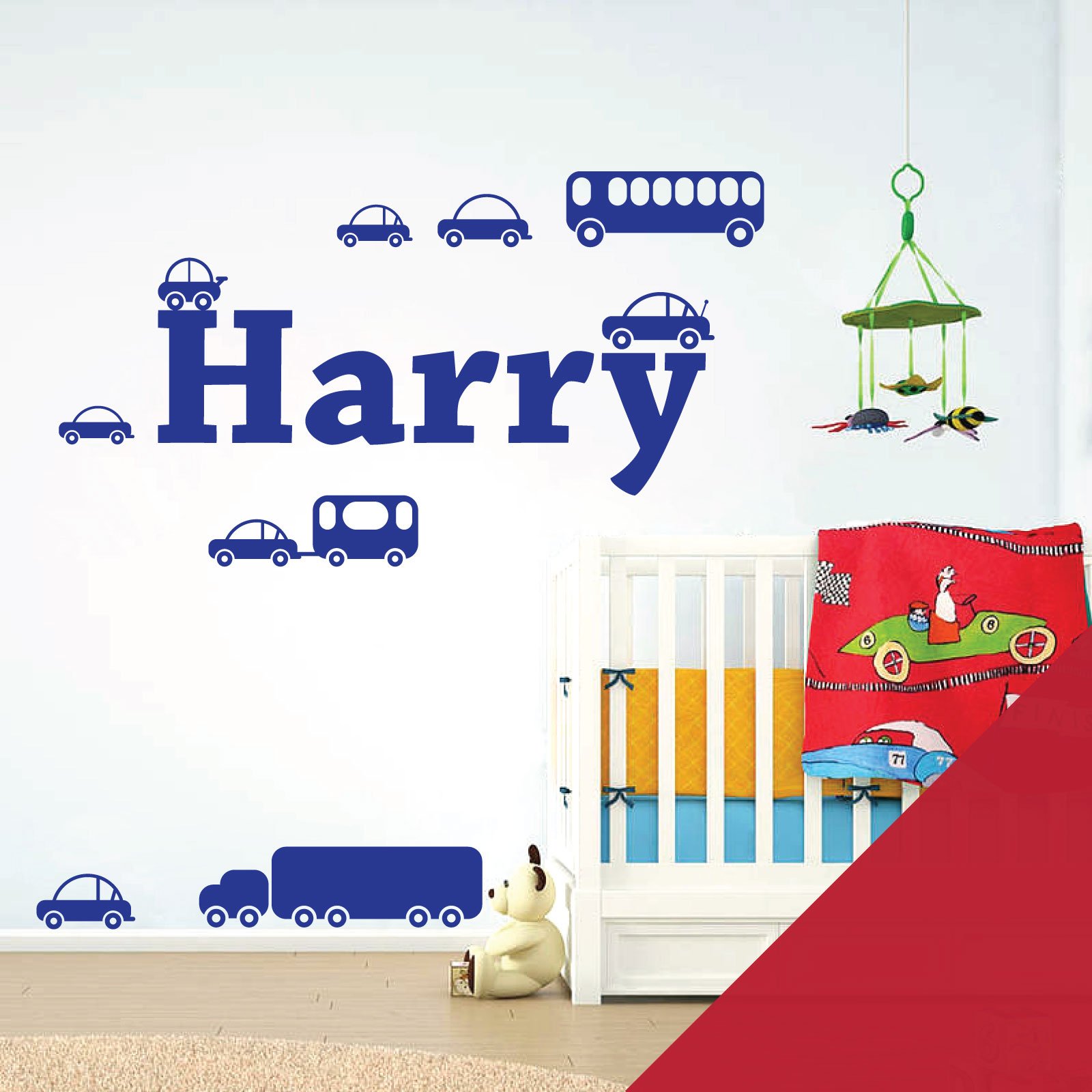 Personalised Name Boys Wall Art Sticker - Cartoon Trucks, Cars, Bus, Caravan, Taxi Set [Medium] [Cherry] — image 1