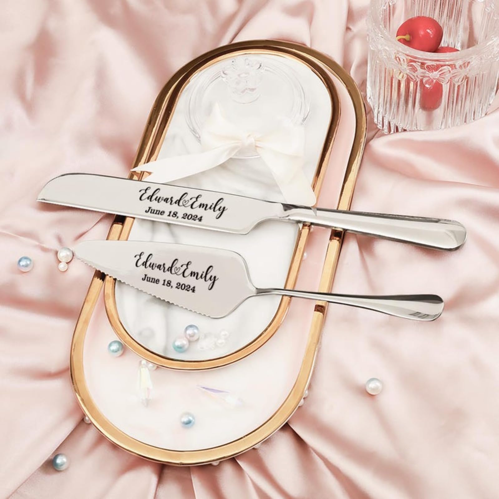 Personalized Engraved Cake Cutting Set,Cake Cutter Serving Set,Wedding Cake Set, Anniversary Keepsake, Wedding Gift for Bridal Shower (Silver)
