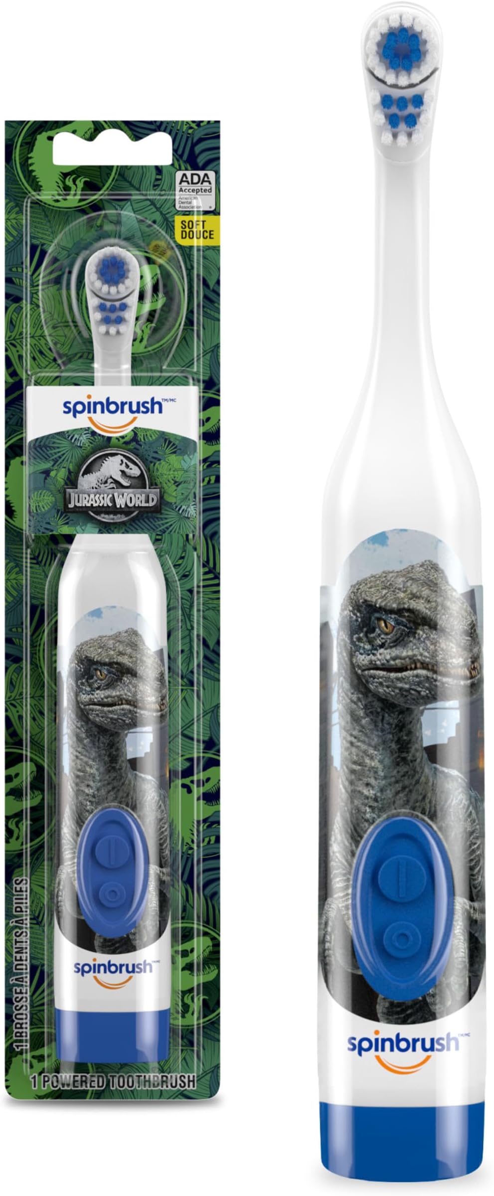 Spinbrush Jurassic World Battery Powered Electric Toothbrush for Children Ages 3+ with 1 AA Battery, Soft Head Bristles, Leakproof SoftSwitch, Ready-to-Use