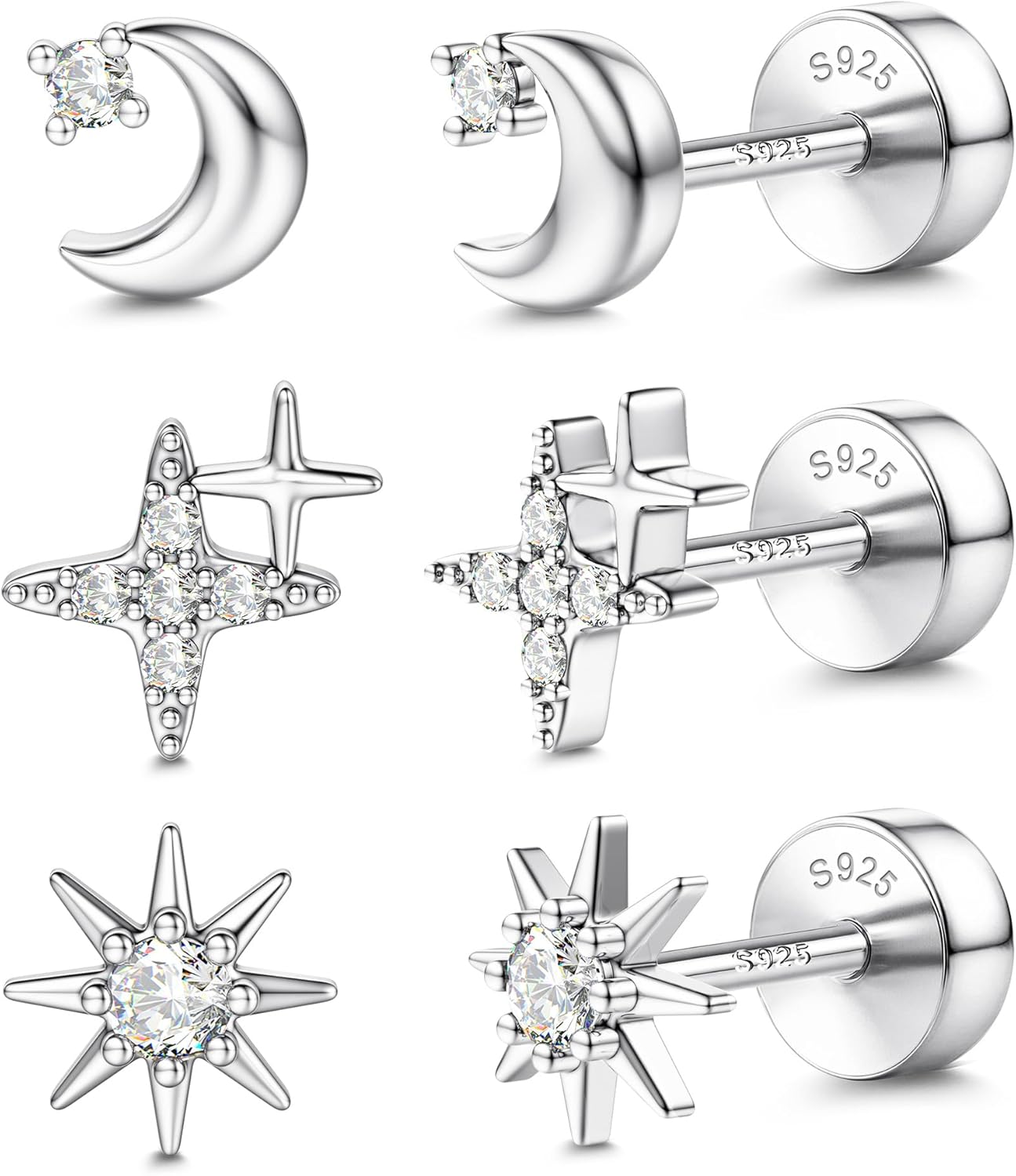 14K Gold Plated Solid 925 Sterling Silver Post Flat Back Earrings Stud | Cartilage Helix Conch Tragus Piercing Jewelry 3 Pairs Tiny Screw Dainty CZ Opal Earring Set Men Women