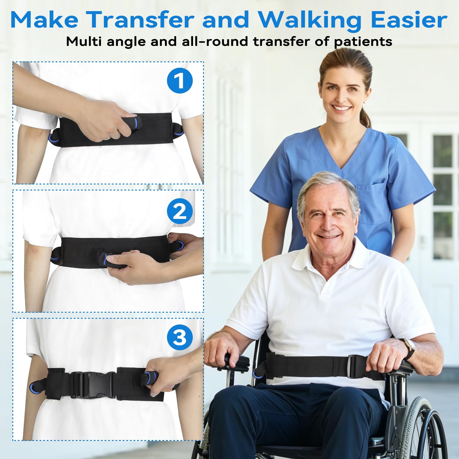 Cinturón de marcha con asas, cinturón de transferencia para ancianos, cinturones de marcha para pacientes, cinturones de marcha para personas mayores, mejorado con asas de goma (negro-1)