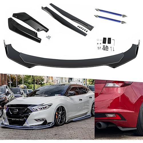 x xotic tech 9Pcs Front Bumper Lip Chin Spoiler + Side Skirt Winglets Diffuser + Rear Bumper Canard Splitter Car Body Kits + Blue Adjustable 10"-13" Support Rods Universal Fit Most Vehicles