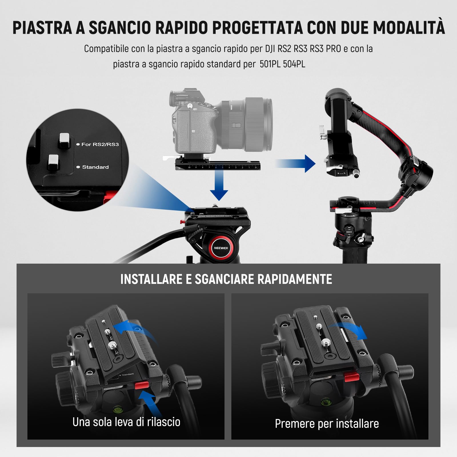 NEEWER Treppiede video da 74" con testa a fluido e controllo dell'attenuazione, in alluminio resistente, professionale, con piastra QR per videocamere DSLR, panno per la pulizia, carico massimo 17,6