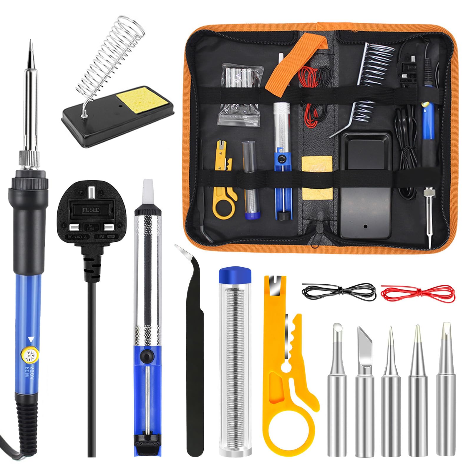 Soldering Iron Kit, 15 in 1 Soldering Iron Gun with Solder, 60W Adjustable Temperature 200-450°C Welding Tool, Soldering Tips, Desoldering Pump, Tin Wire Tube, Soldering Iron Stand, Tweezers,Tool Case