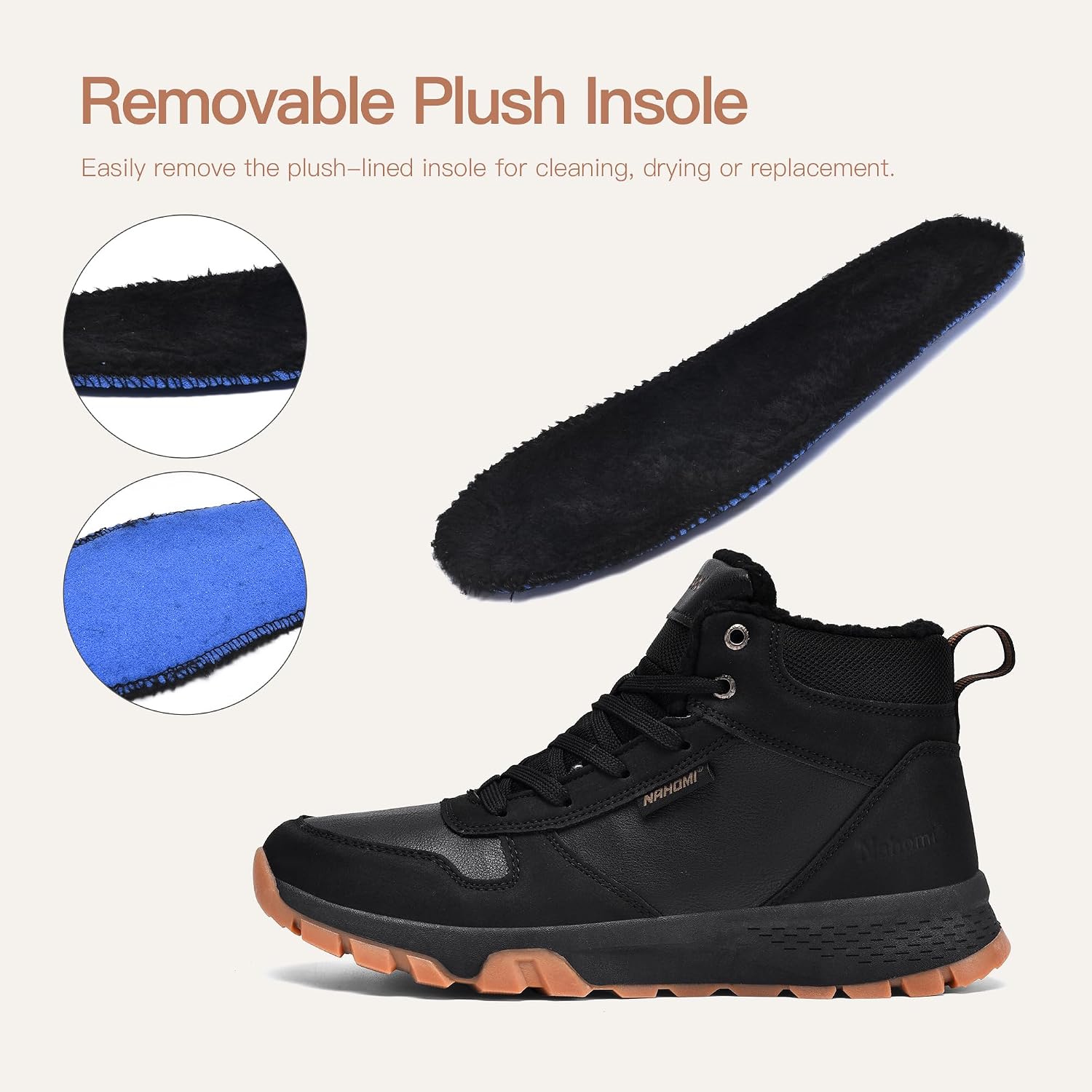 Nahomi Waterproof Snow Boots for Men, Warm Fur-Lined High-Top Winter Boots