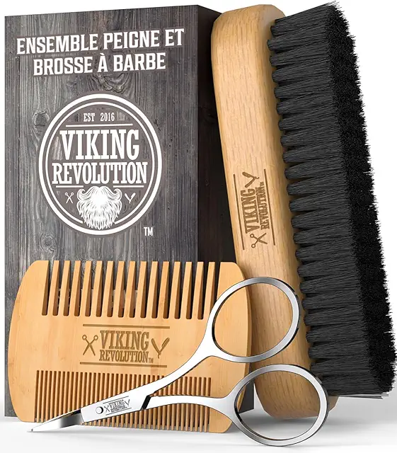 Brosse à Barbe Viking Revolution en Poil de Sanglier et Peigne en Bois de Poirier avec Pochette