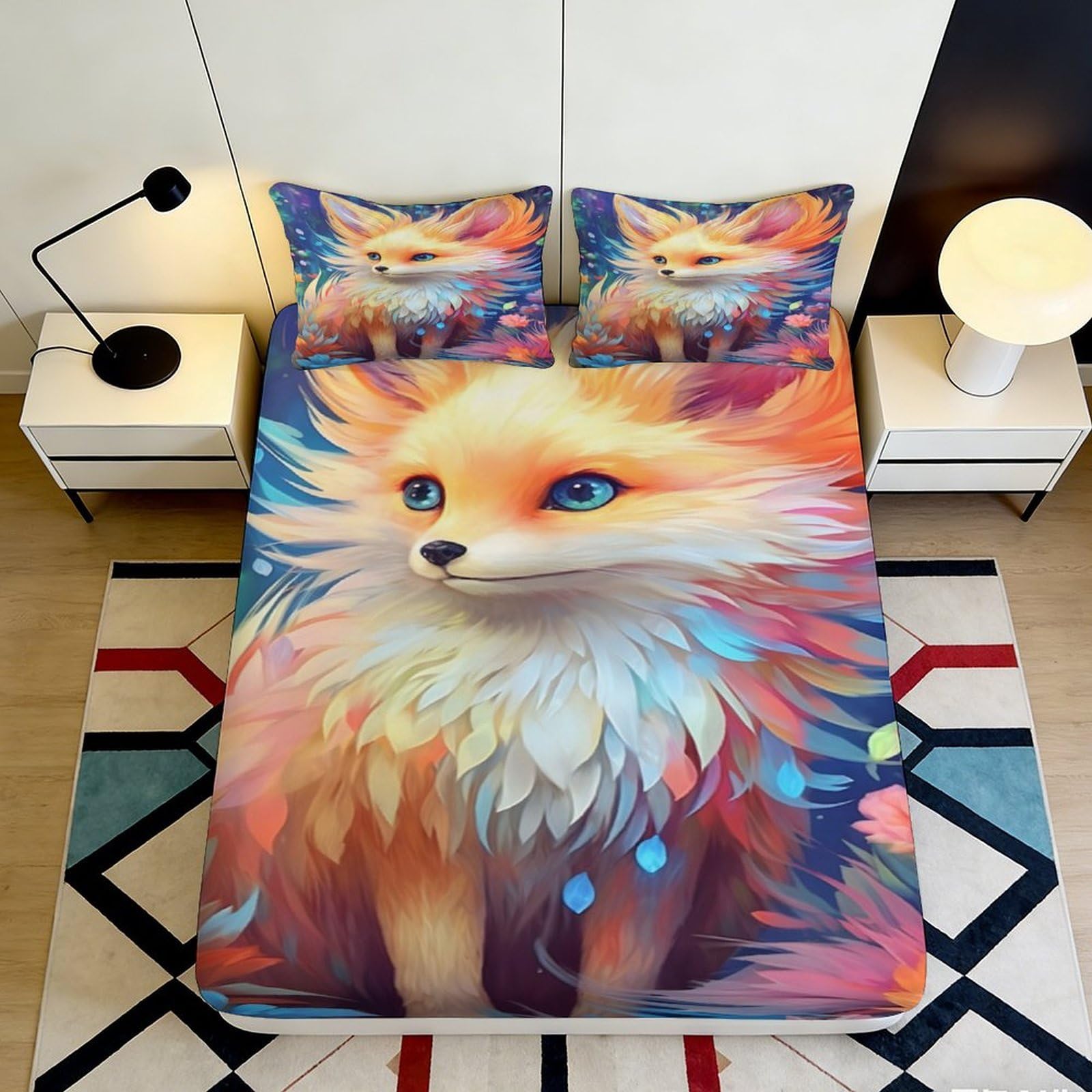 3D Printed Colorful Fox Art Fitted Sheet Microfiber Non Slip Mattress Cover for Bedroom Dorm Easy Care 120x200x25cm