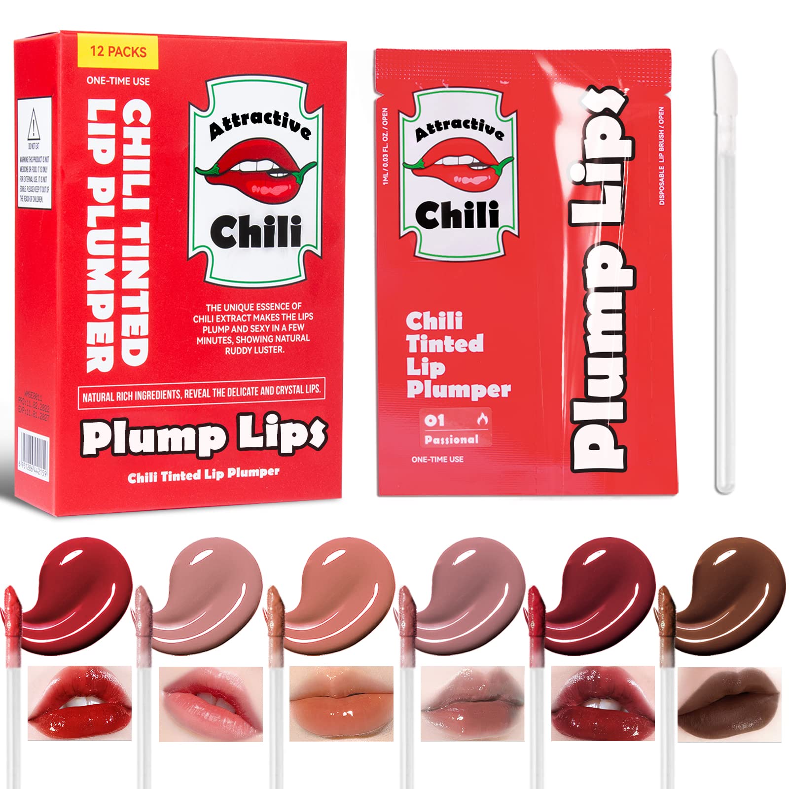 12 Pcs Chili Tinted Lip Plumper Gloss Set, Mini Tattoo Lipstick With Cotton Swab Disposable, Natural Plumping Lips Maximizer Tint Stain Waterproof Moisturizing Liquid Lipstick Makeup-6 Colors