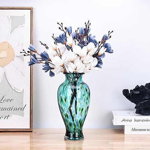 Miniatura 6 de Jarrón de vidrio soplado a mano de 11.8 pulgadas de alto, hermoso jarrón turquesa de boca ancha para centro de mesa, floreros pintados de cristal de