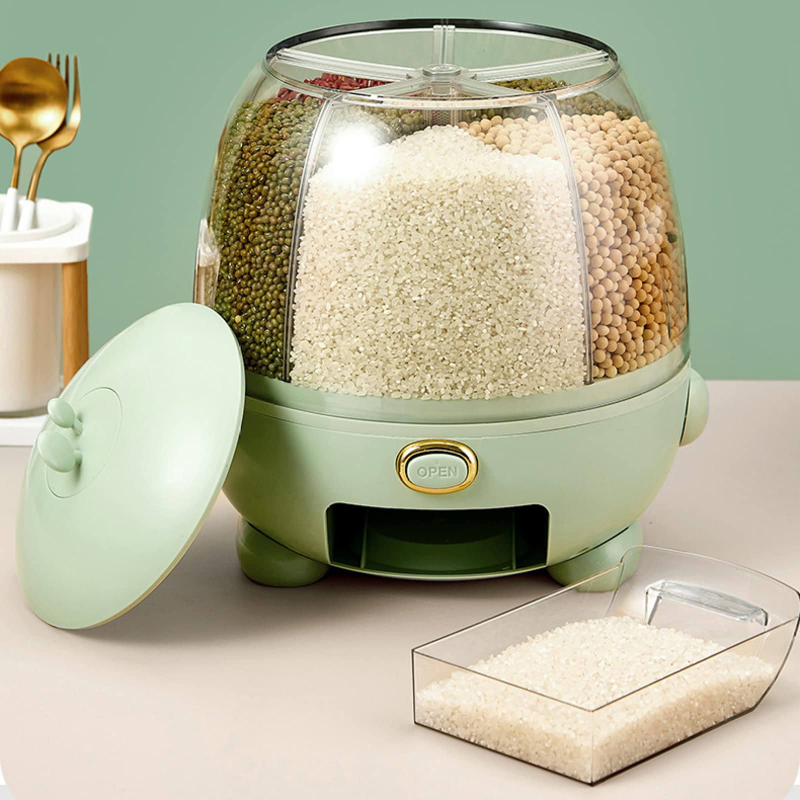 NIBHZ Dispenser per Cereali, distributore di Alimenti a 5 Griglie rotanti a 360 °, Contenitore per Riso e Cereali, Uscita del Riso con Un clic, Serbatoio Rotondo,Green