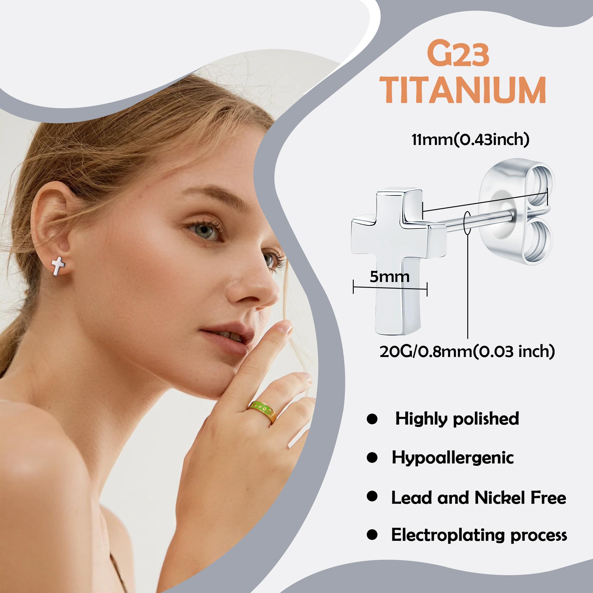 FACOKO Orecchini a lobo da donna in titanio con fondo piatto ipoallergenici, adatti a uomo e donna 5 mm rotondi cavi/croce/fulmine