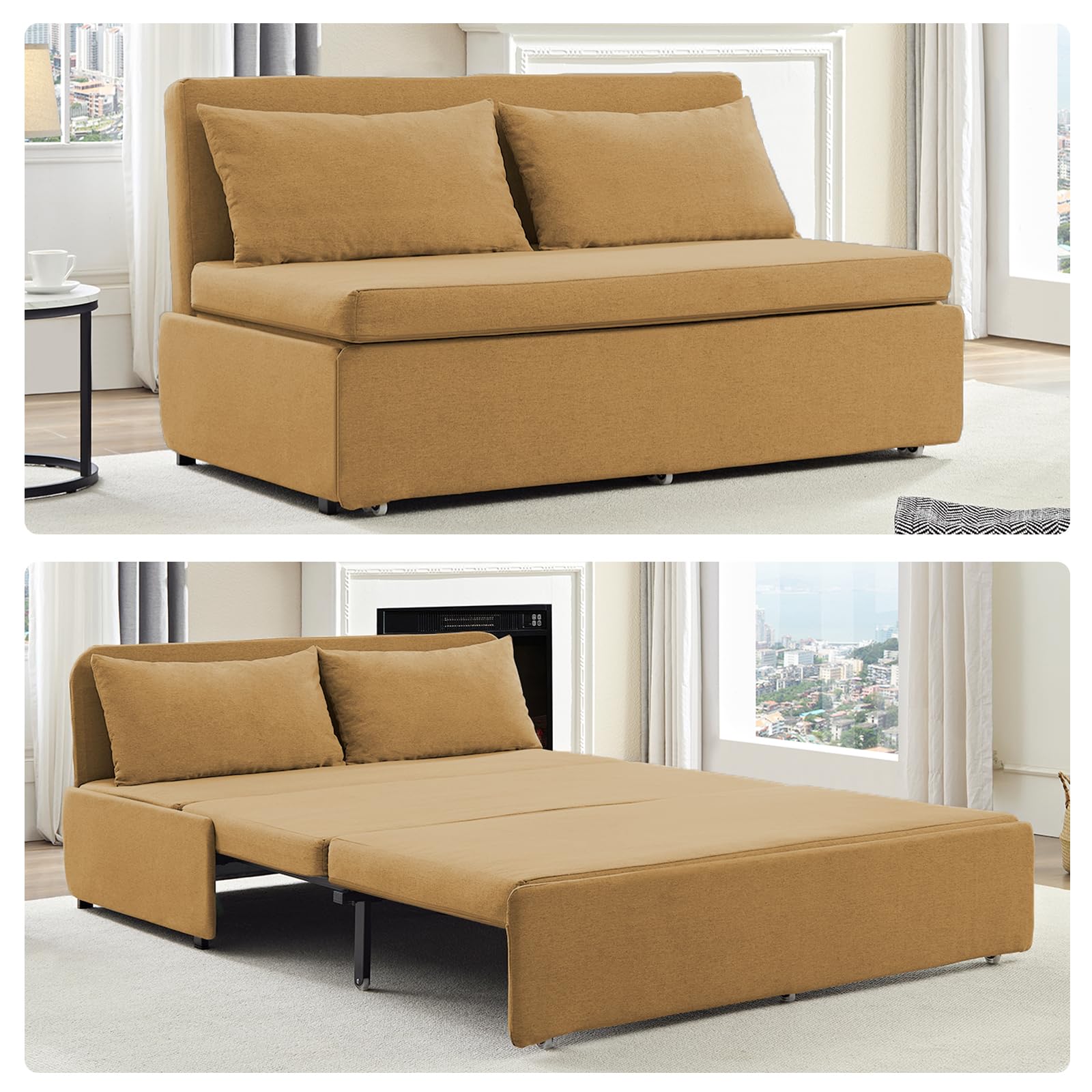 ijuicy 3 in 1 Queen Size Pull Out Sofa Bed Linen Sleeper Sofa with Pullout Bed, Convertible Loveseat Couch Beds with Pillows and Tri-fold Mattress for