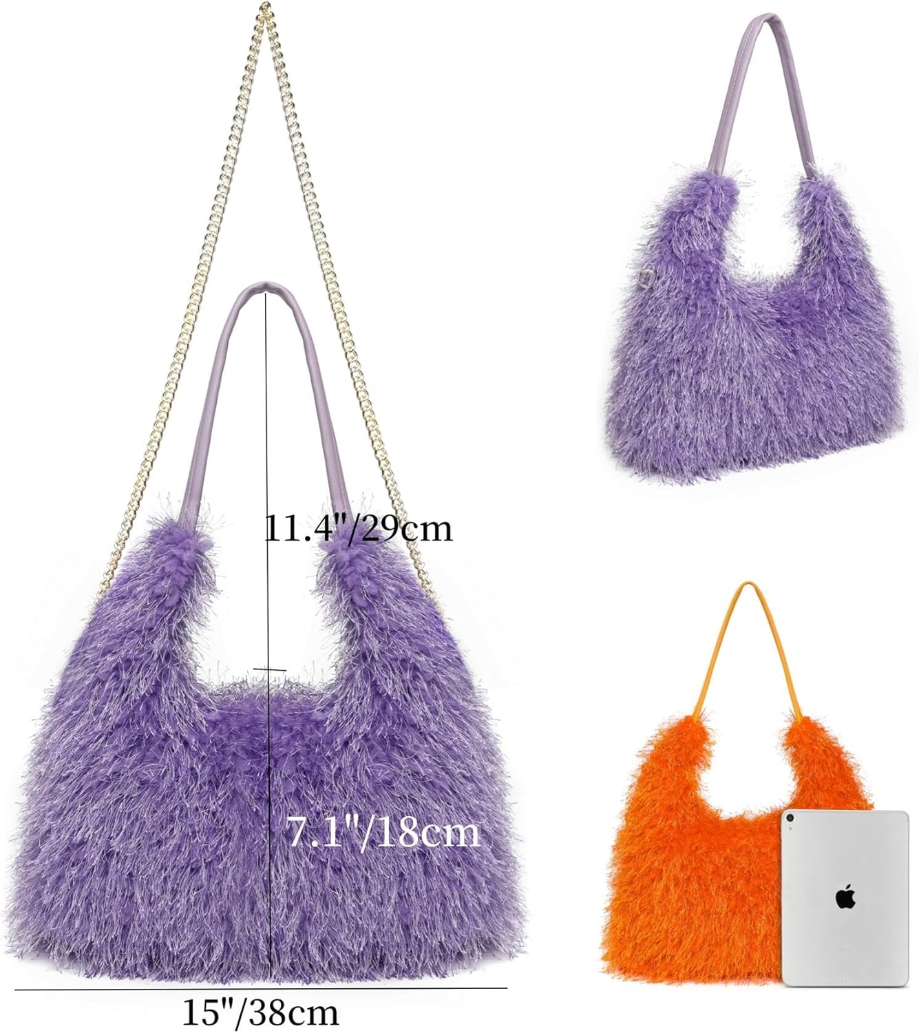 Large Furry Hobo Shoulder Crossbody Bag for Women Faux Fur Fuzzy Plush Purse and Handbag With Long Chain Strap