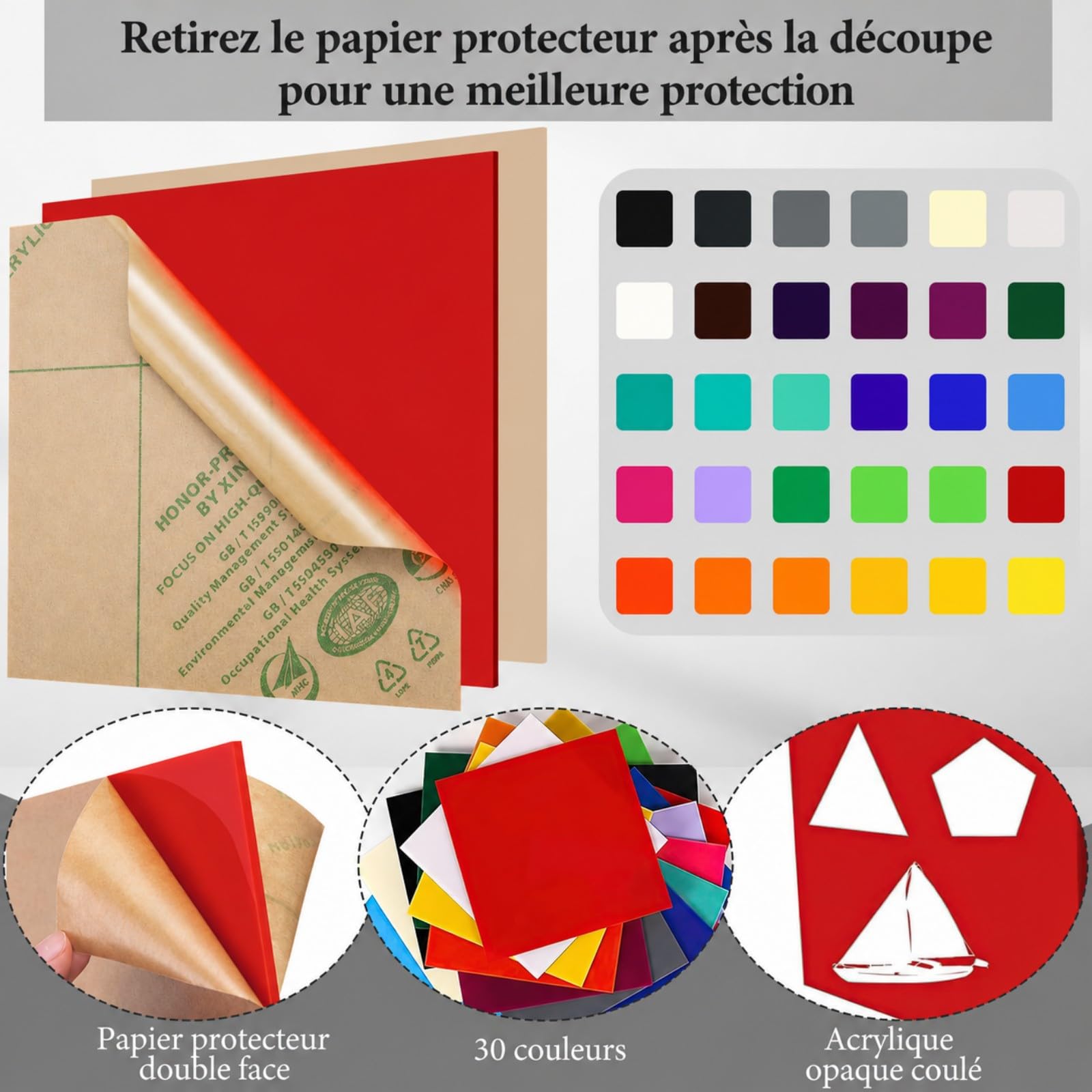 Lot de 30 Plaques Acryliques Colorées 15 x 15 cm, Feuilles Acryliques de 3 mm d’Épaisseur, Panneaux en Acrylique Opaque pour Découpe Laser, Gravure, Sciage et Projets DIY