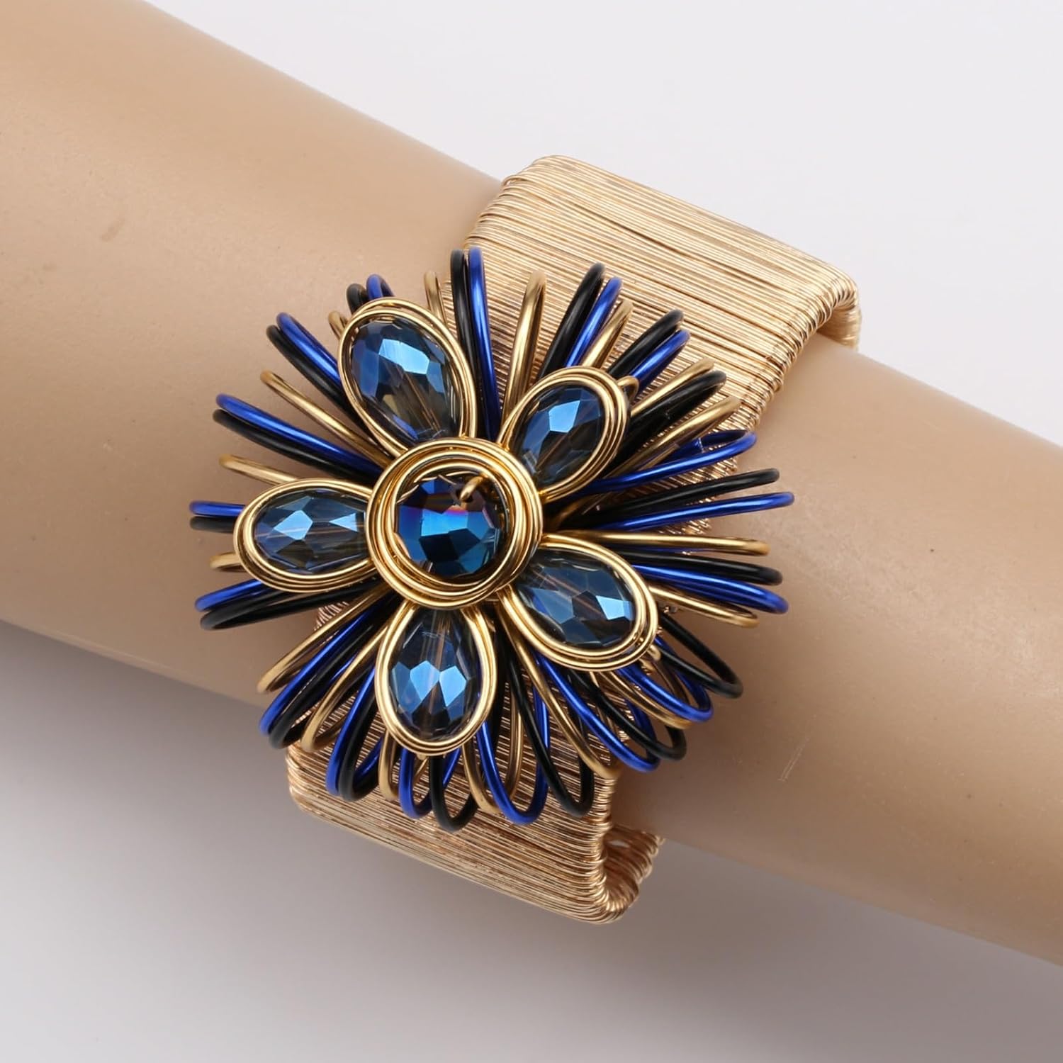Women Arm Cuff Bracelet Big Crystal Flower Fashion Statement Bead Bold Gold Color Bangle Wire Wrapped Floral Jewelry - Image 5