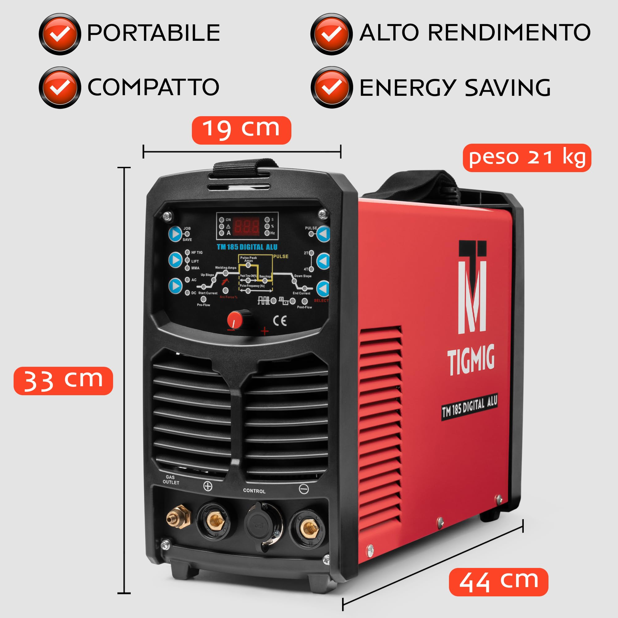 TIGMIG Saldatrice Inverter IGBT AC/DC TIG Pulsata Digitale + DC MMA, 180A, Salda tutti i metalli (anche ALLUMINIO e MAGNESIO), Digitale, MCU 32 bit, TM 185 DIGITAL ALU, Garanzia e Assistenza ITALIA