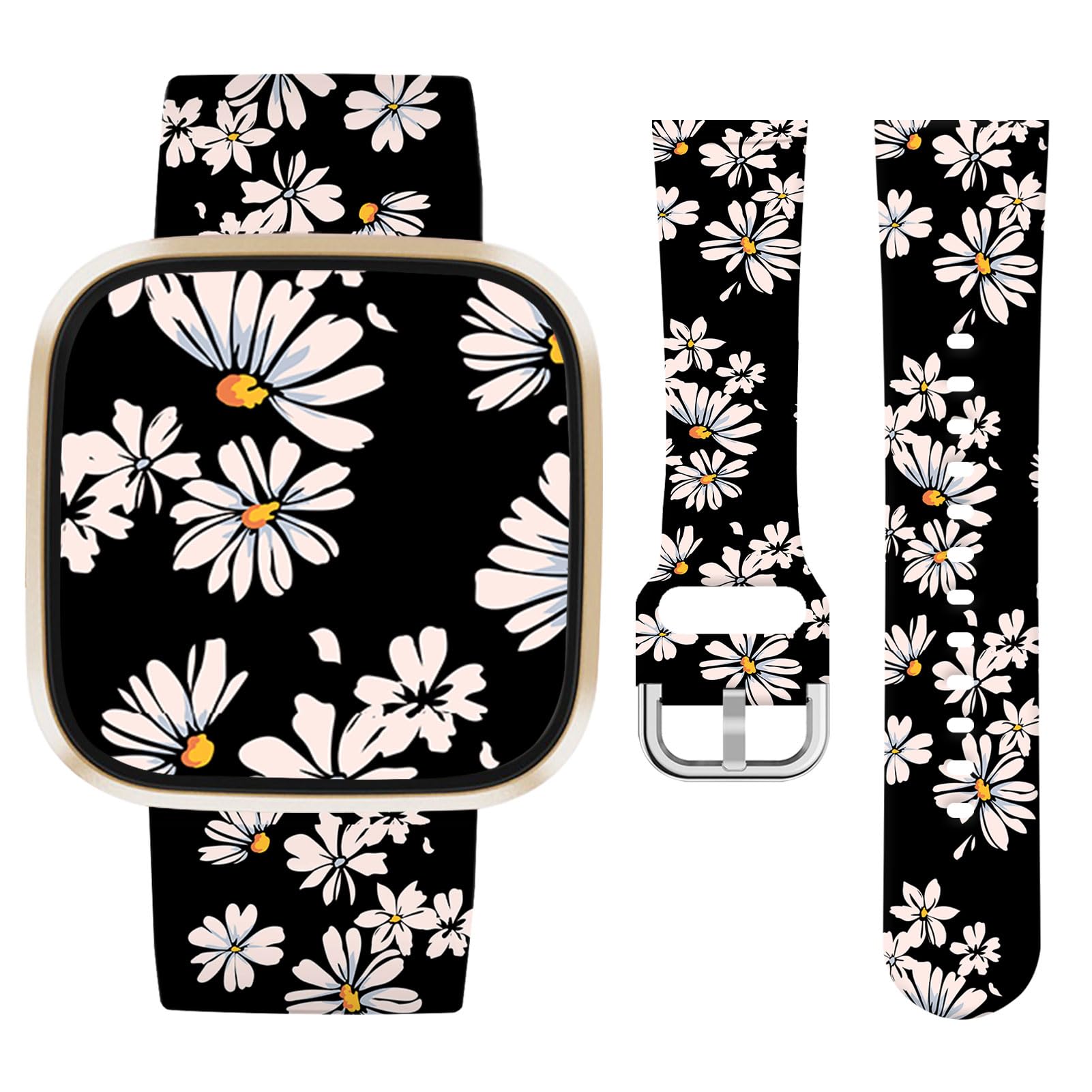 Vozehui Daisy Silicone Straps for Fitbit Versa 4 3 Sense Sense 2, Soft, Unique Printing Technology, Comfortable to Wear, Waterproof and Durable Replacement Band for Men Women