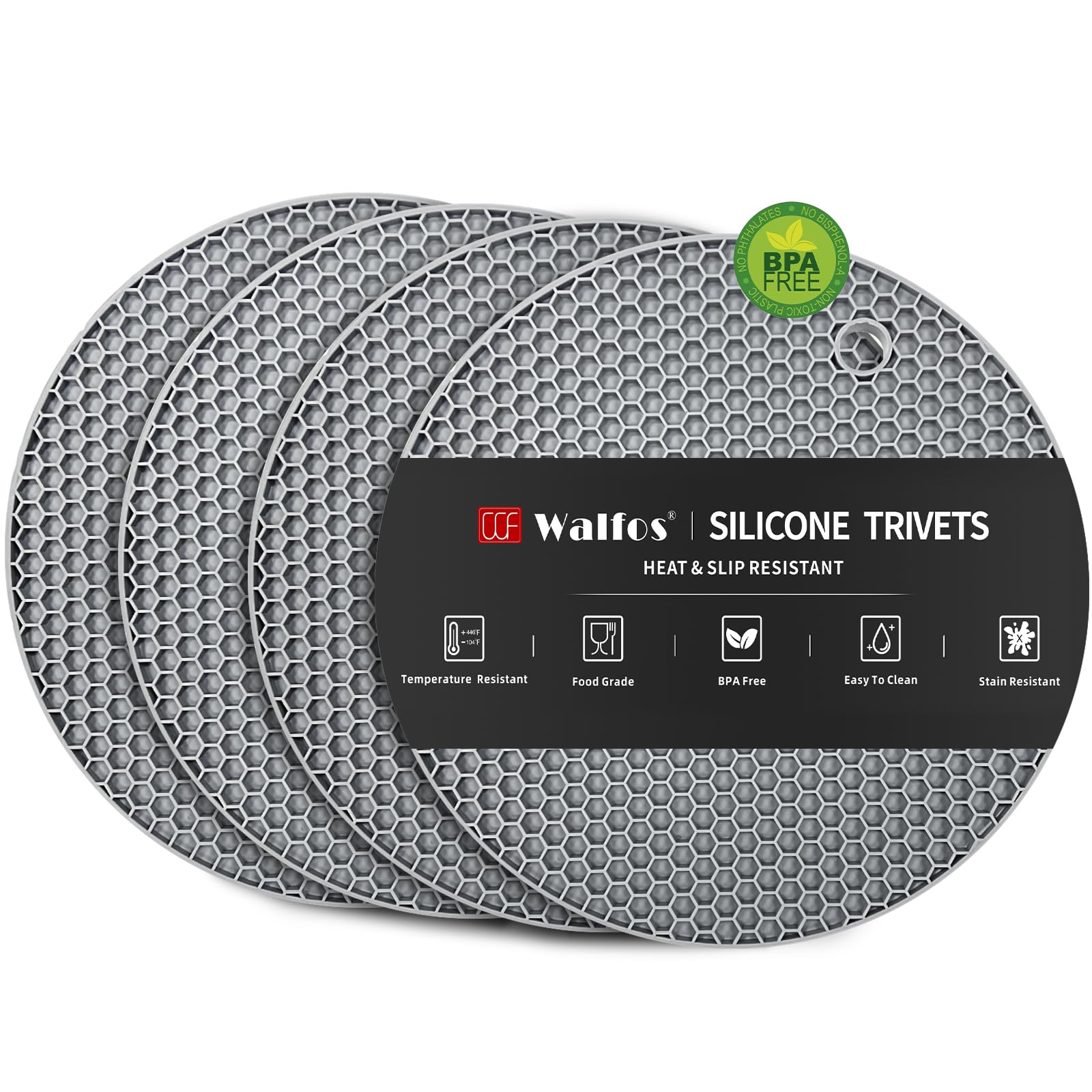 Walfos Silicone Trivet Mats - 4 Heat Resistant Pot Holders, Multipurpose Non-Slip Hot Pads for Kitchen Potholders, Hot Dishers, Jar Opener, Spoon Holder, Food Grade Silicone & BPA Free (Round)