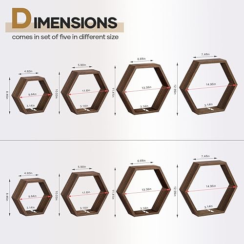 Miniatura 3 de SEHERTIWY Paquete de 8 estantes flotantes hexagonales, estante de pared de nido de abeja de madera marrón para casa y oficina