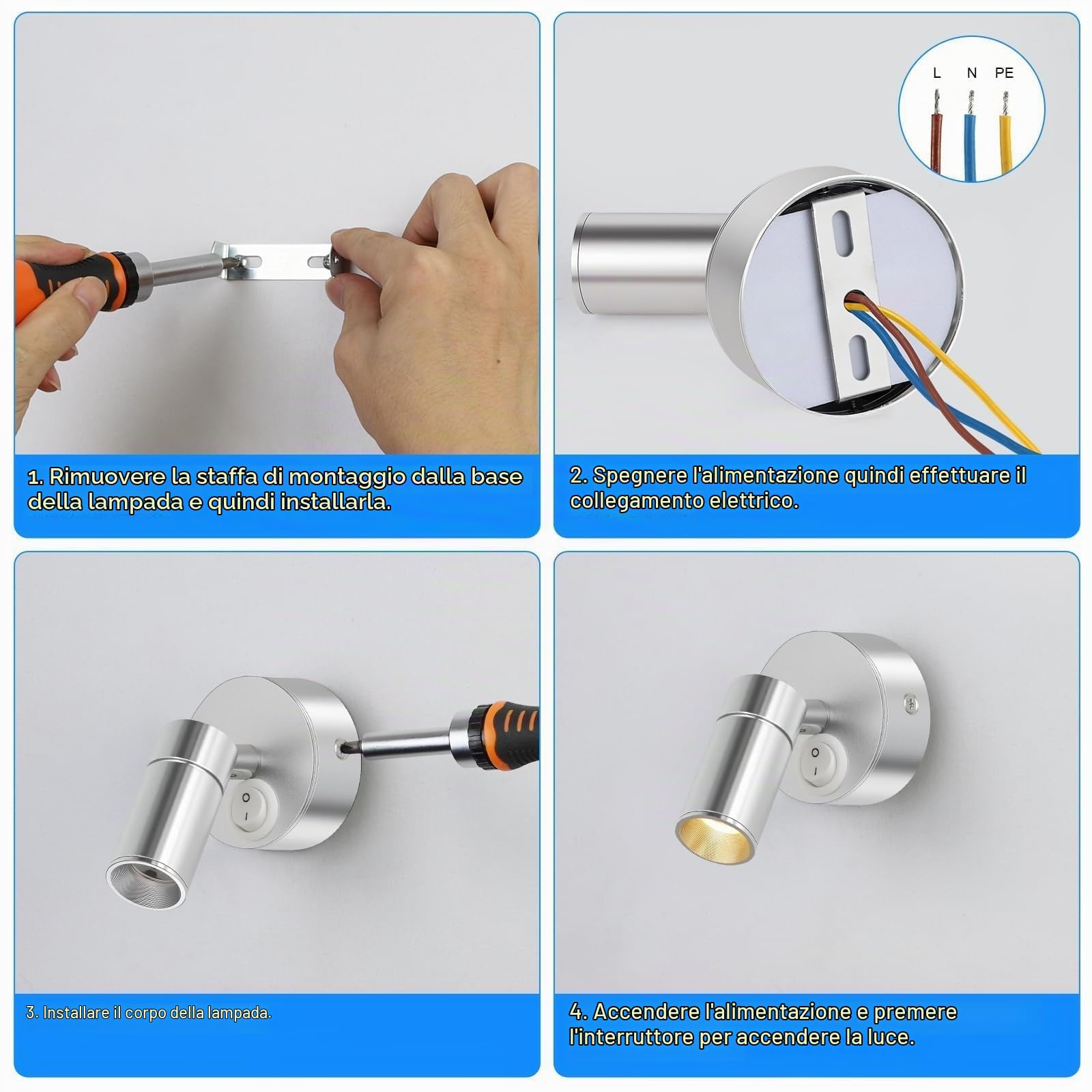 ERWEY 2 pezzi LED lampada da parete per interni, leggere lampada da parete 3W bianco 3000K luce da letto rotante con interruttore per camera da letto bagno corridoio, argento