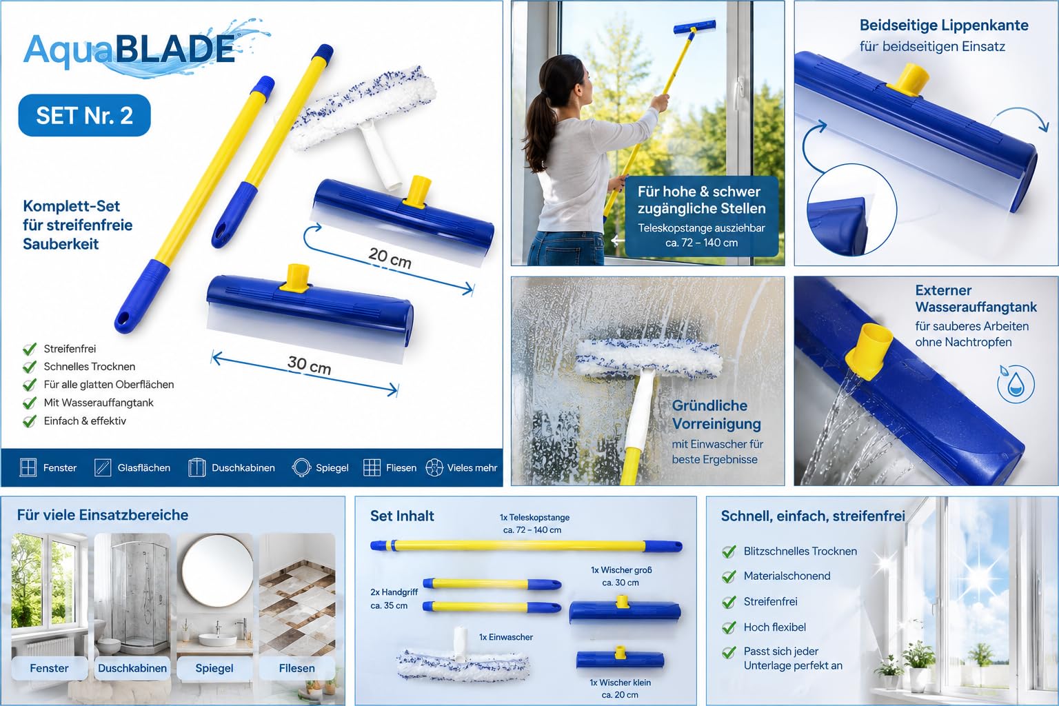 AquaBLADE zestaw nr 2 – mała i duża wycieraczka z silikonową wargą, rynna zbierająca wodę i zewnętrzny zbiornik na wodę, 1 x myjka, 1 x uchwyt, 1 x drążek teleskopowy – światowa nowość