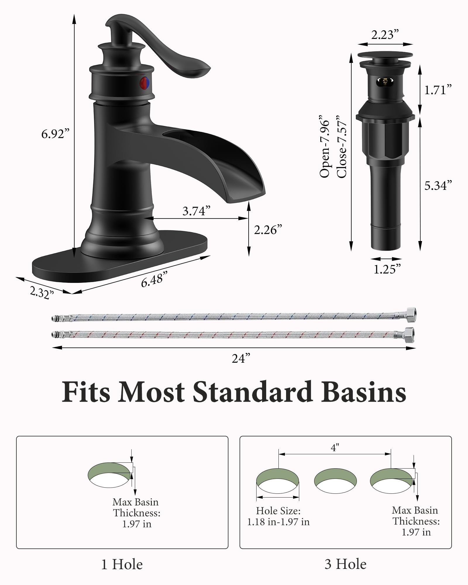 Rubinetto da bagno nero opaco a cascata Lavabo da fattoria Vanity Rubinetti a foro singolo Bacino con una maniglia Centro antico con tappo di scarico pop-up Miscelatore Rubinetto trabocco Linea di