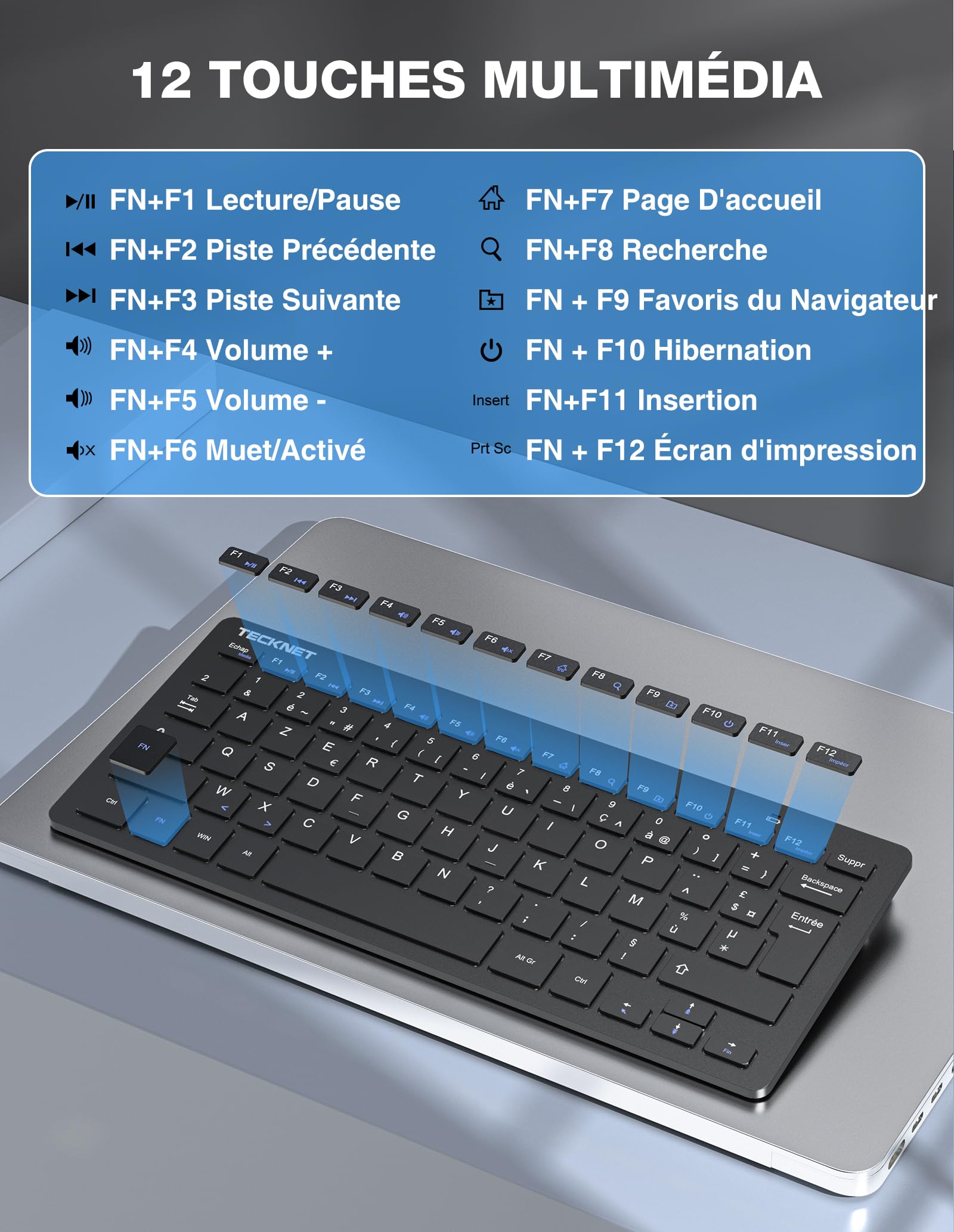TECKNET Clavier et Souris sans Fil, 2,4 G Silencieux avec Récepteur Nano USB, France AZERTY, 12 Raccourcis Multimédia pour Ordinateur, PC, Ordinateur Portable, Ordinateur de Bureau