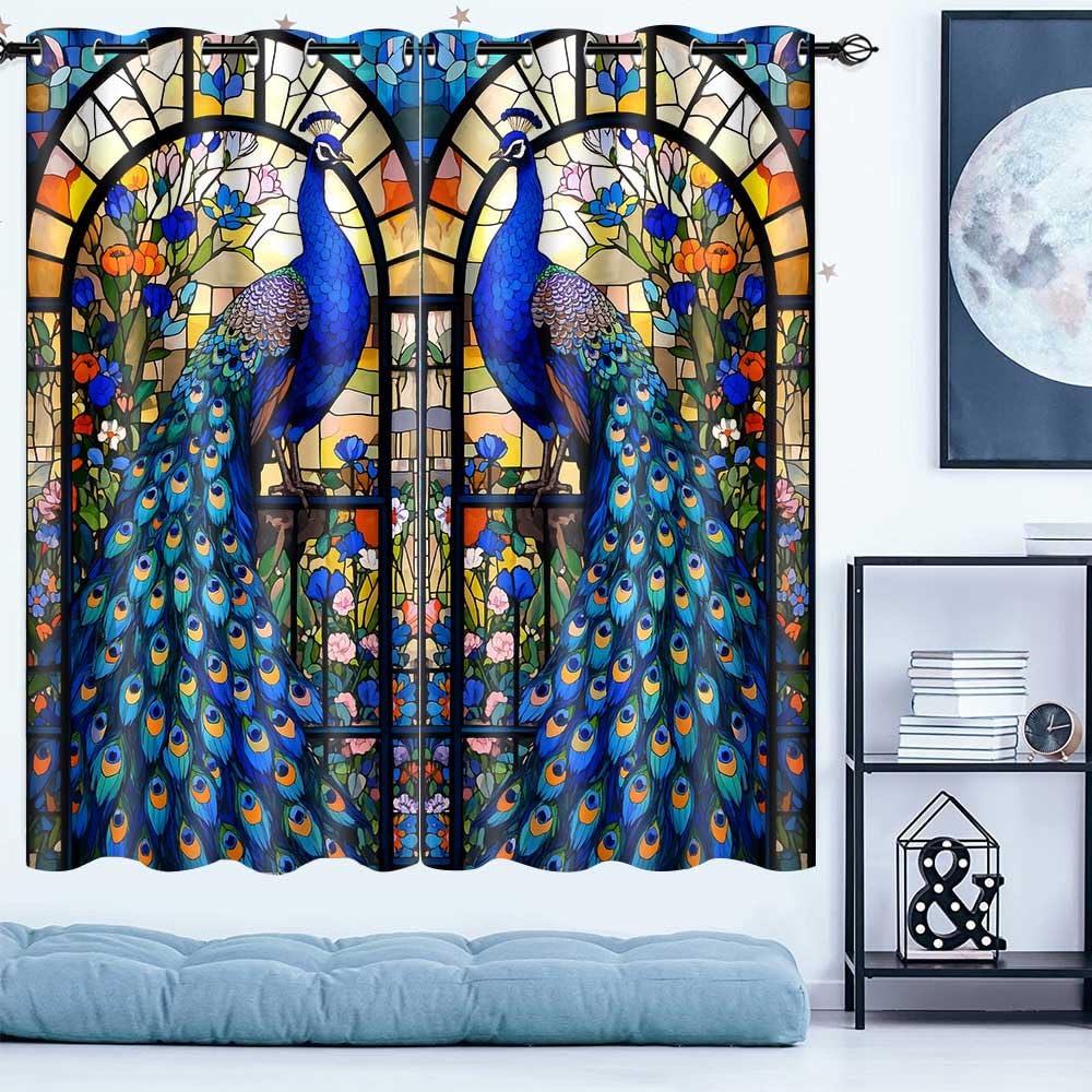 Blue Peacock Curtains Stained Glass Colorful Floral Gorgeous Flower Bird Feather Blackout Curtains for Bedroom Living Room Thermal Insulated Window