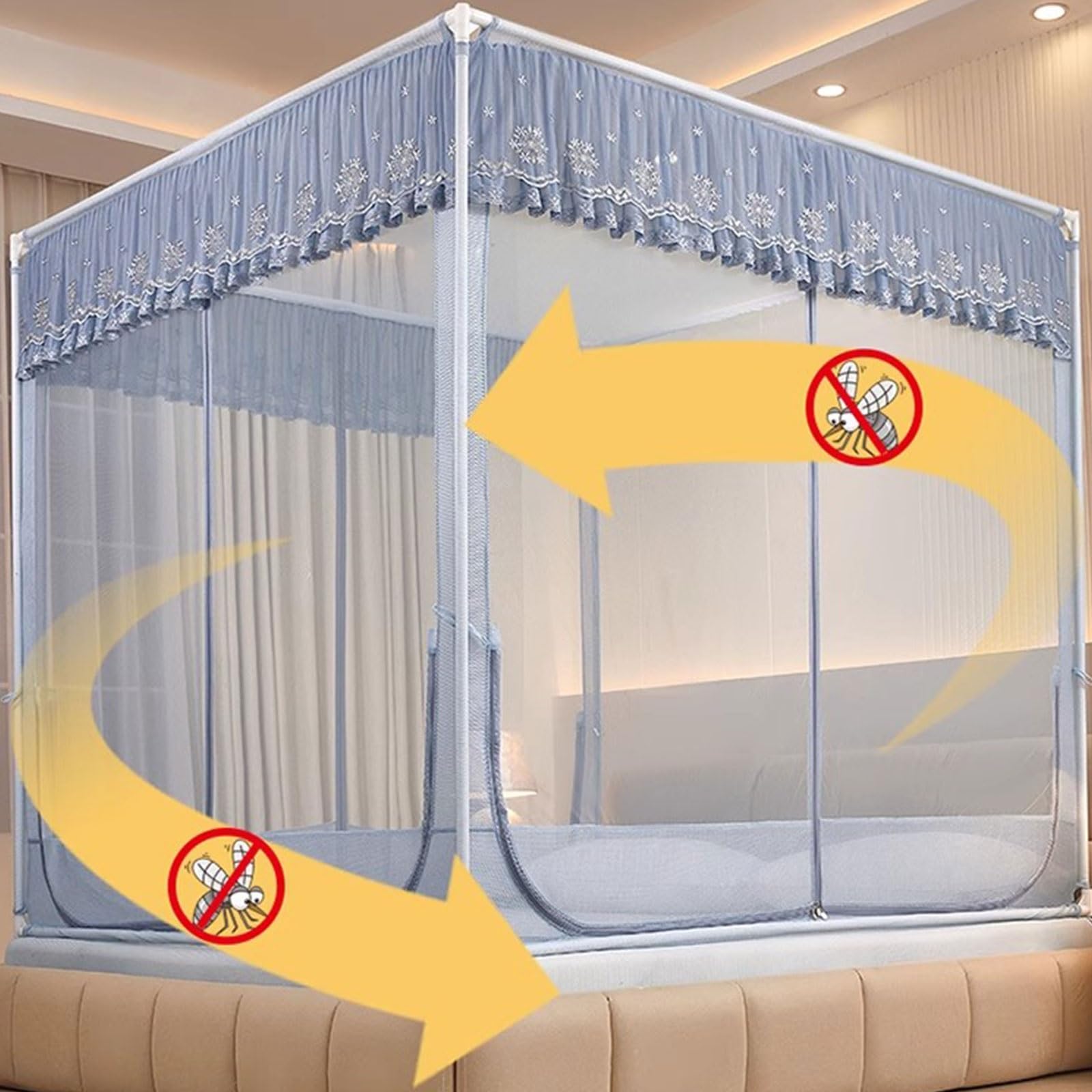Moskitonetz Bett Höhenverstellbar mit Ständer Babybett Kinderzimmer Mückennetz mit Reißverschluss Spannbettlaken Behoben 360° Insektennetz Feinmaschiges Moskitonetz für Reisen Indoor & Outdoor