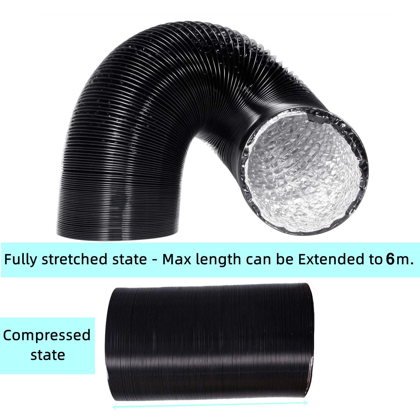 Tuyau de Ventilation Flexible Longueur 6m - 100mm Tuyau d'Evacuation pour Ventilateur d'extraction, Salle de Bain, Hydroponie (100mm*6m)