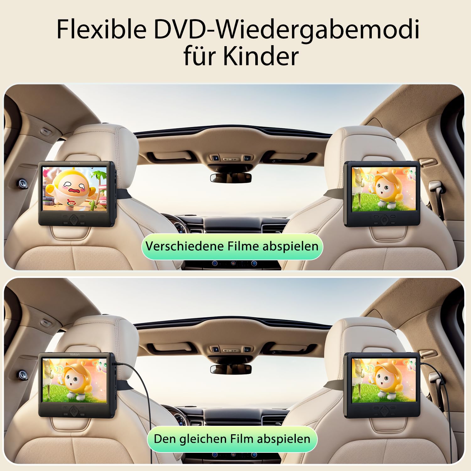 Yoton 10,5-Zoll DVD Players Auto 2, Tragbarer DVD-Player fürs Kinder, unterstützt USB-/SD-Kartenwiedergabe, mit Kopfstützenhalterung, 5 Stunden Akkulaufzeit