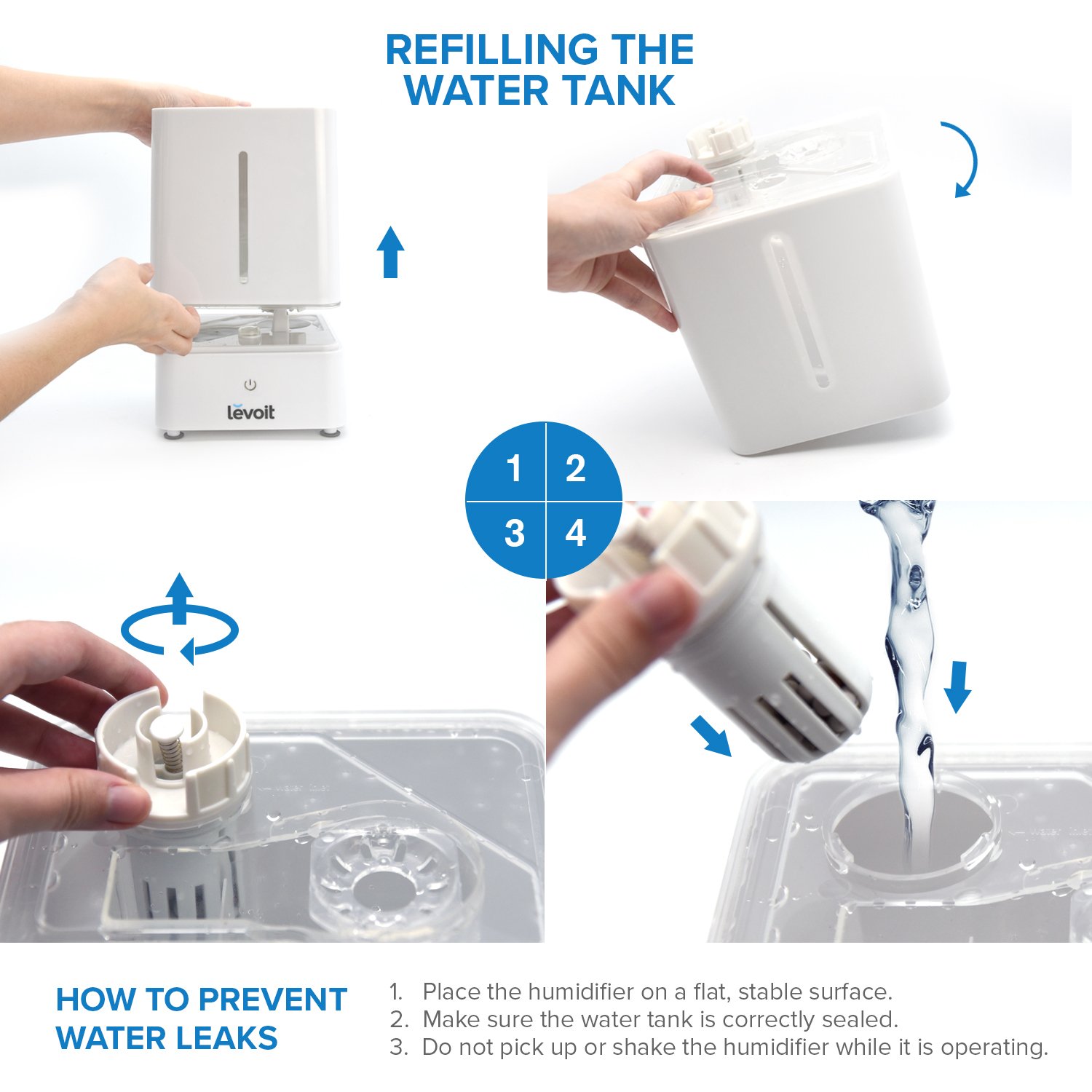 Humidifier next to lavender and essential oil bottles, with an inset showing how to add oil to the aroma pad