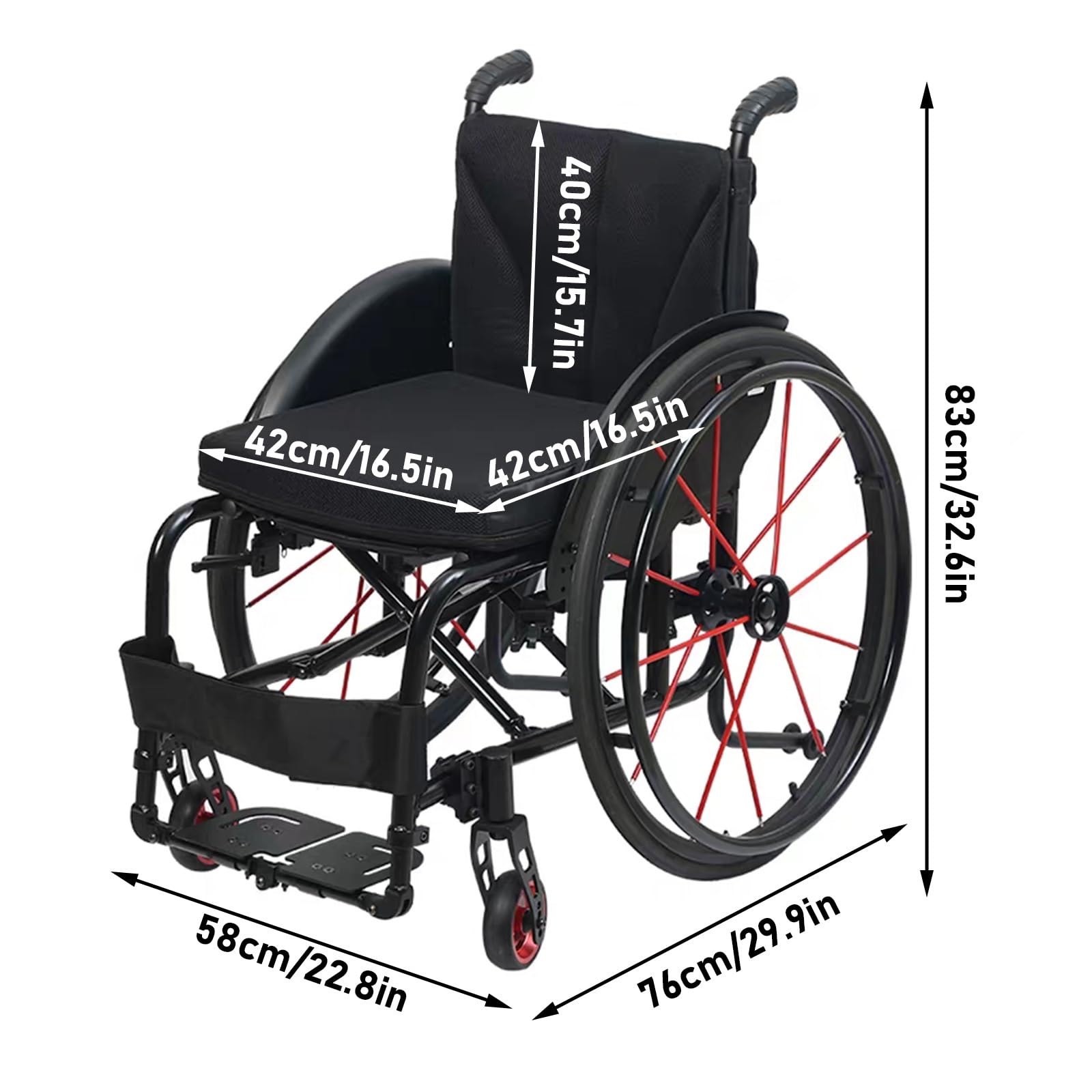 Sedia a rotelle pieghevole,Alluminio,Sedia a rotelle per lo sport, Leggera(Seat width 42cm/16.5in)