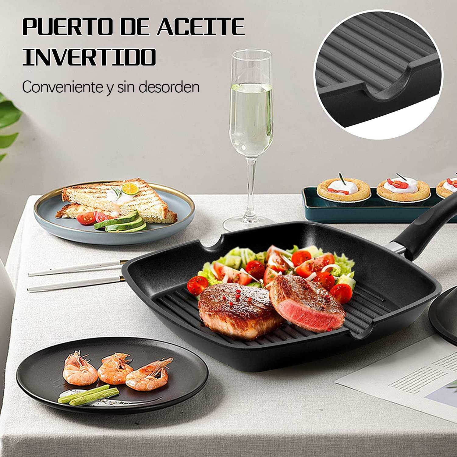 Sartén Parrilla 28cm,Grill Asador con Rayas,Sartén Grill Cuadrada Plancha de Aluminio Fundido con Antiadherente,Apto para Todo Tipo de Cocinas Incluido Inducción, Libre de PFOA