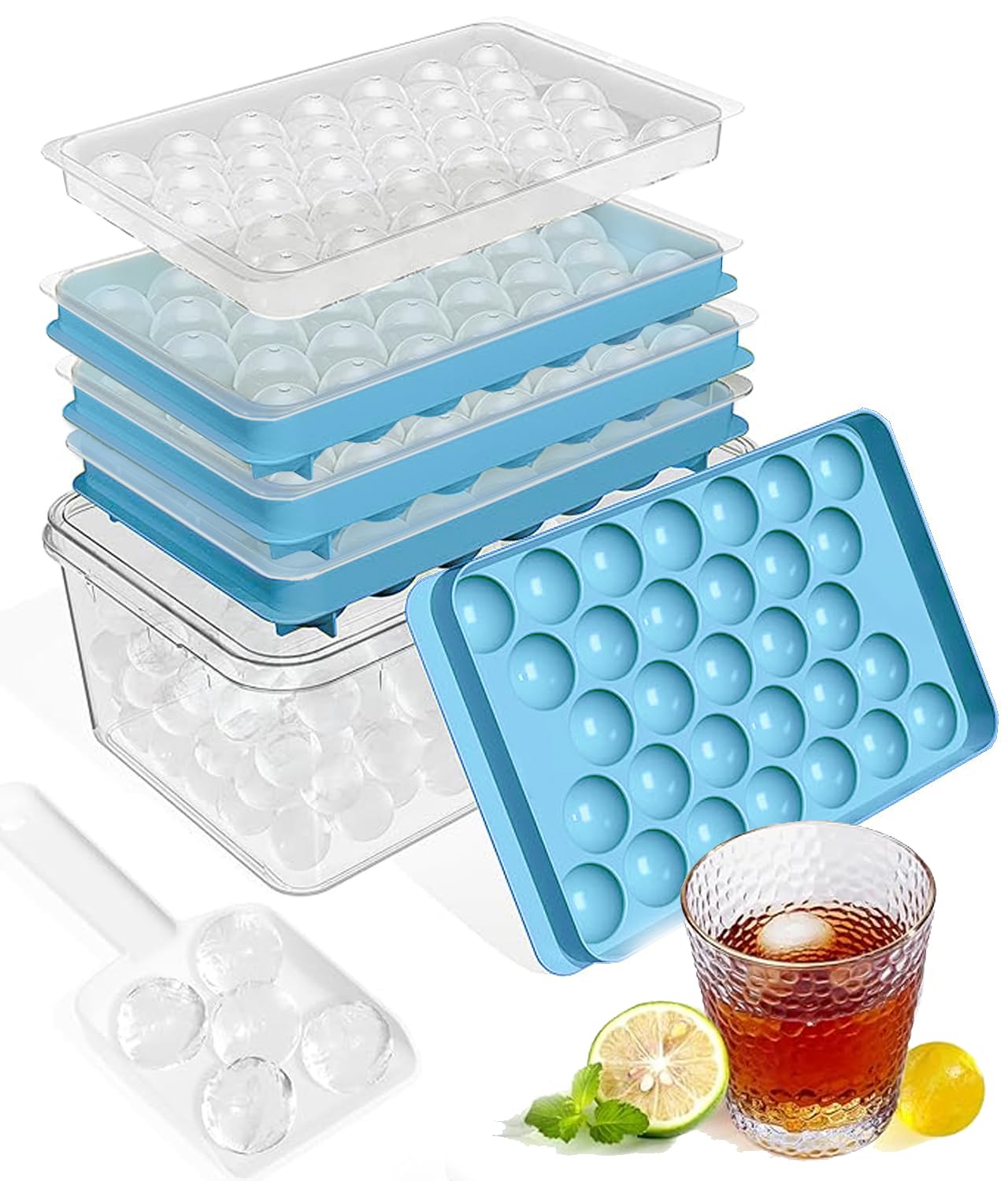 Ice Cube Trays with Lid and Bin, 3 Pack Ice Ball Maker Mold for Freezer Round Ice Molds with Container Mini Circle Ice Cube Tray for Drinks, Coffee, Whiskey, Cocktail, BPA Free (Lake Blue)