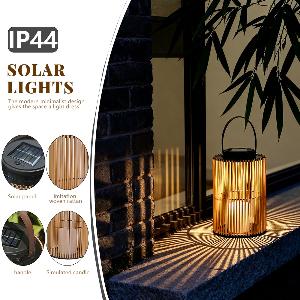 Set di 2 lanterne solari per esterni, stile boho, effetto rattan, per giardino, balcone e terrazza, accensione e spegnimento automatici, impermeabili