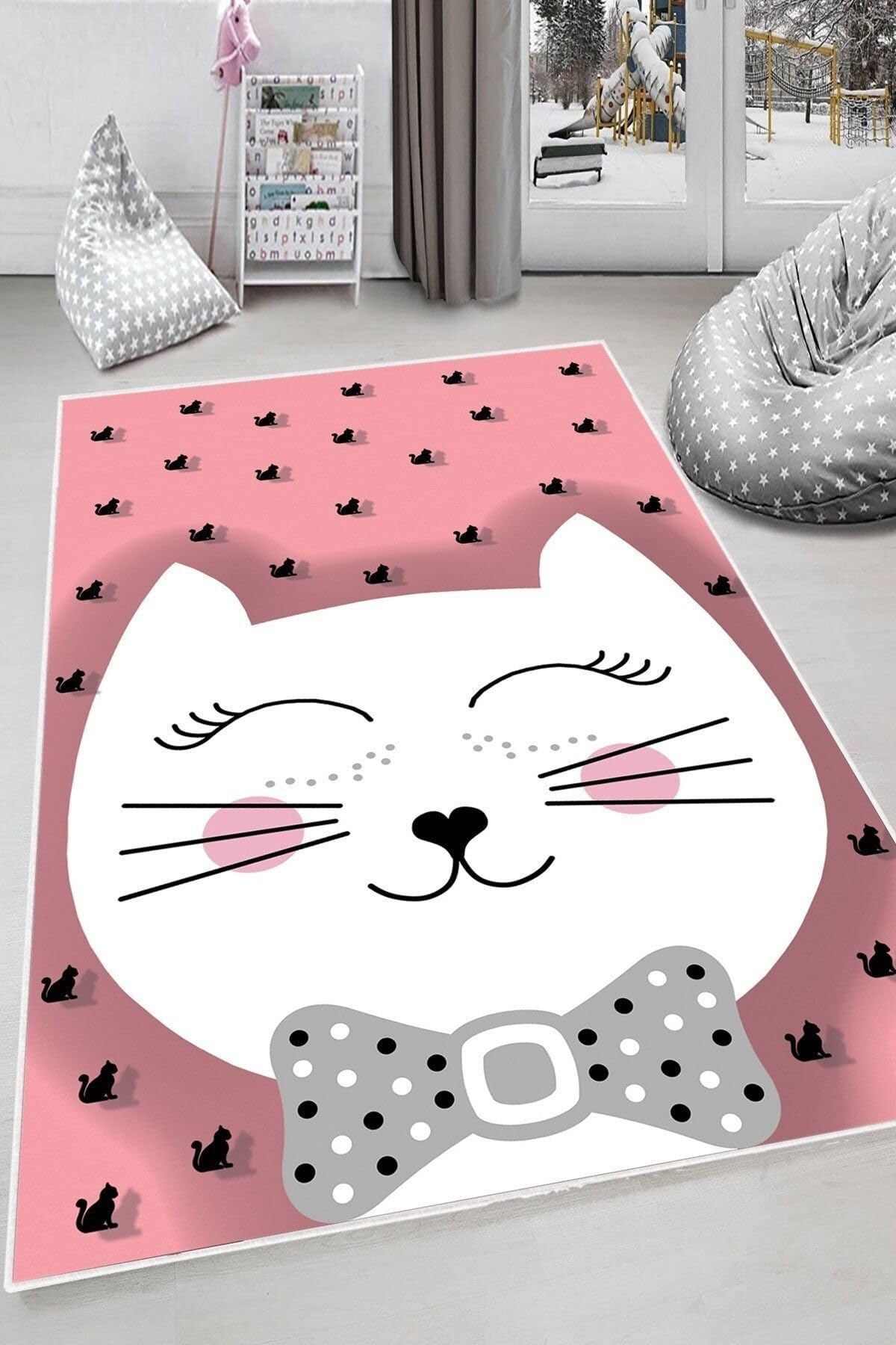 Pelangi Pembe Kedi Desenli Yıkanabilir Kaymaz Taban Leke Tutmazbebek Ve Çocuk Odası Halısı, Açık Pembe-Beyaz 160 x 300