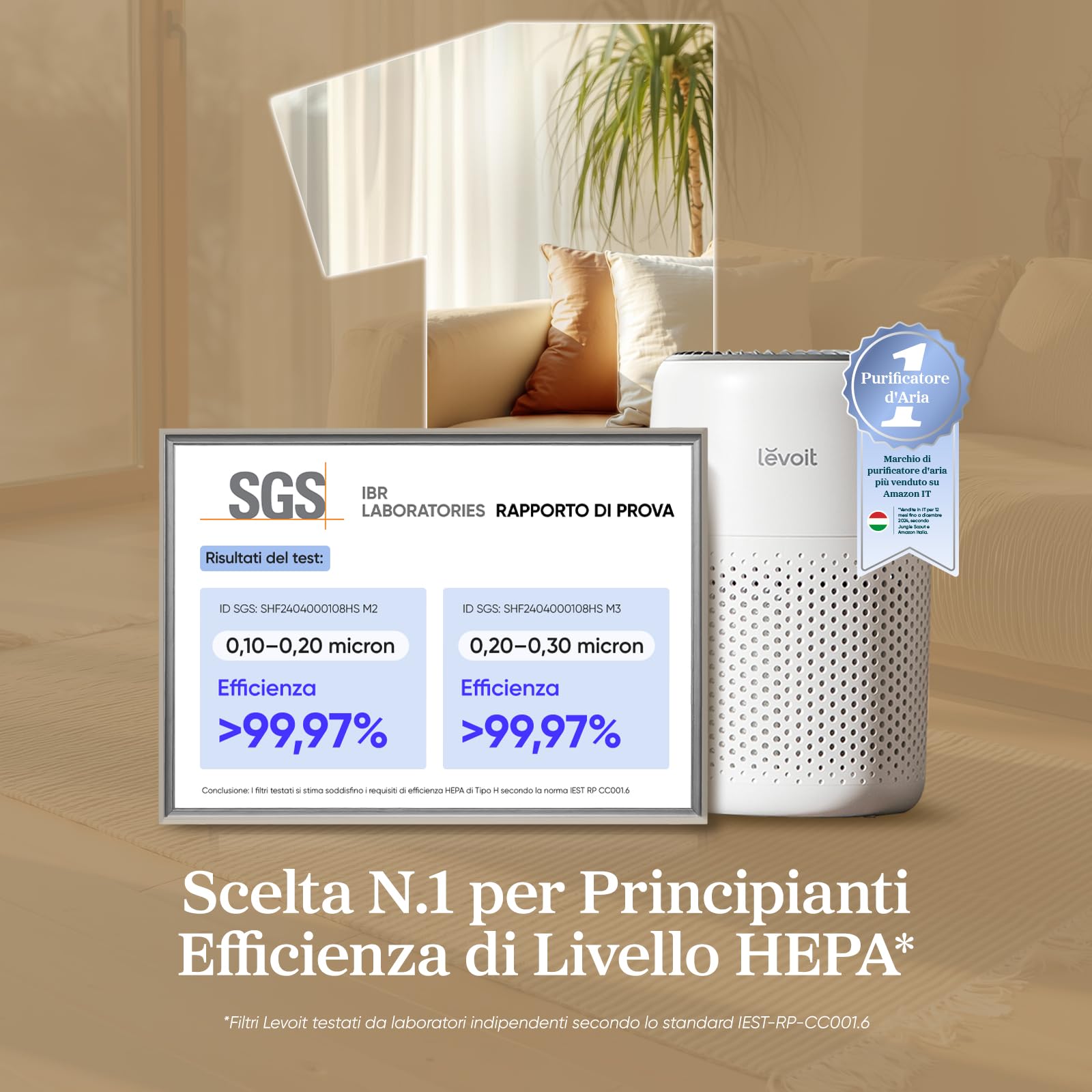 LEVOIT Purificatore d'Aria con Filtro HEPA, 7 Watt, Risparmio Energetico, 3 Velocità Contro Muffe, Polvere, Peli di Animali Fino a 0,3 μm Allergie, in Camera da Letto, 25 dB, Bianco