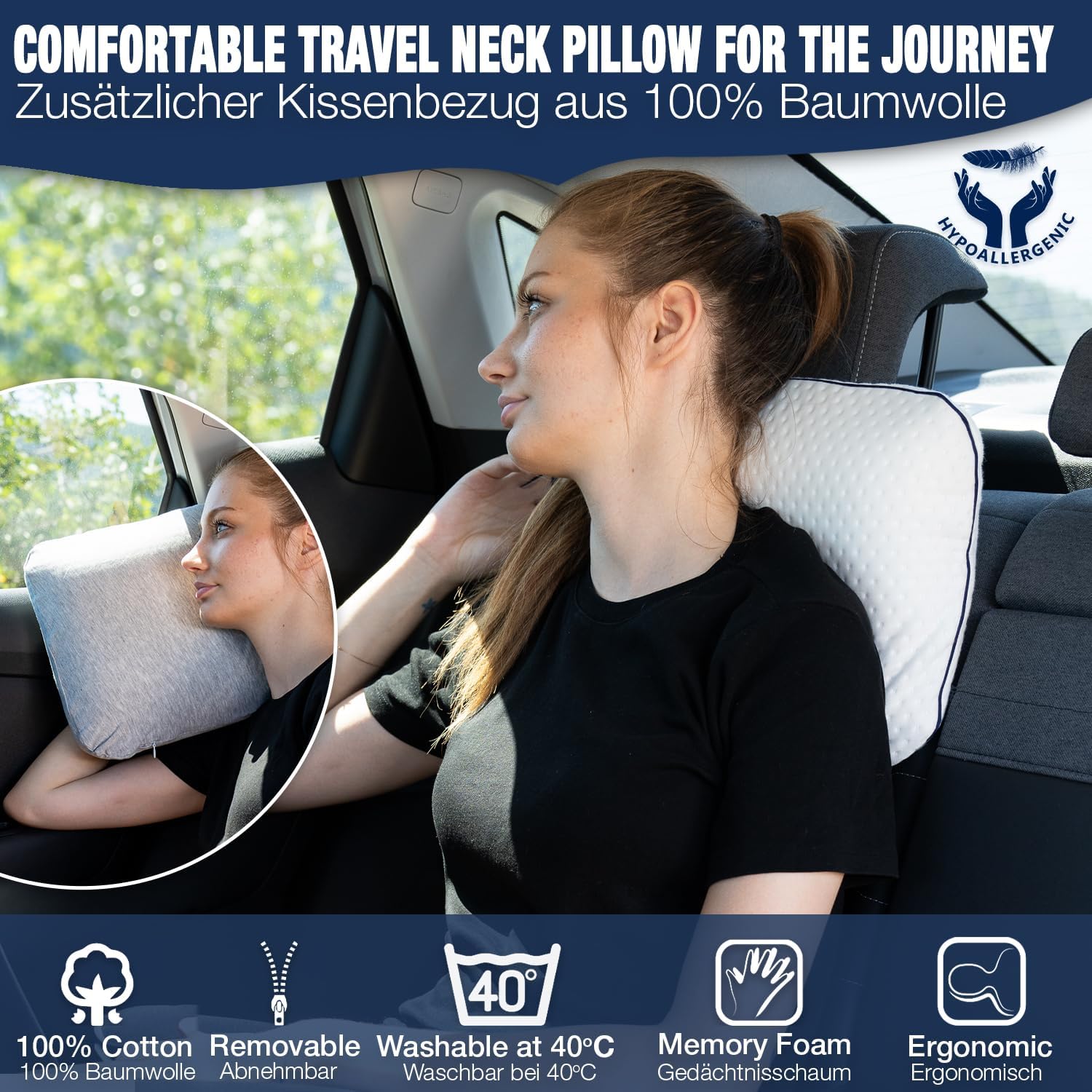 alkamto Almohada de Viaje Almohada de Camping – Espuma viscoelástica con Funda de algodón Adicional – Bolsa incluida