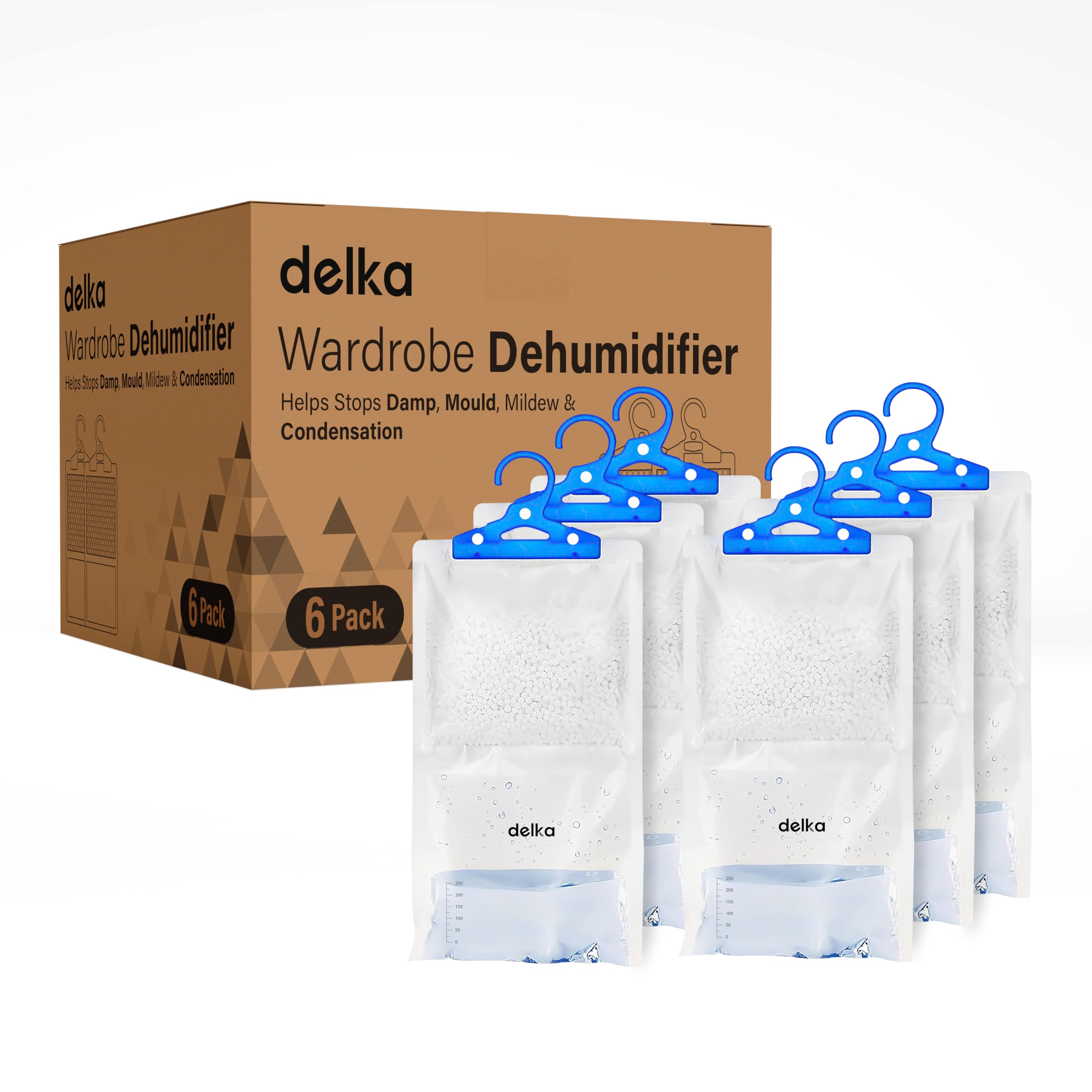 Delka 6 Pack Wardrobe Dehumidifier Hanging Bags, Trap Condensation, Moisture Absorber, Prevents Damp, Mould 210g each Leak-Proof Bag, Dehumidifier for Home, Kitchen, Wardrobe, Bedroom, Garage, Office