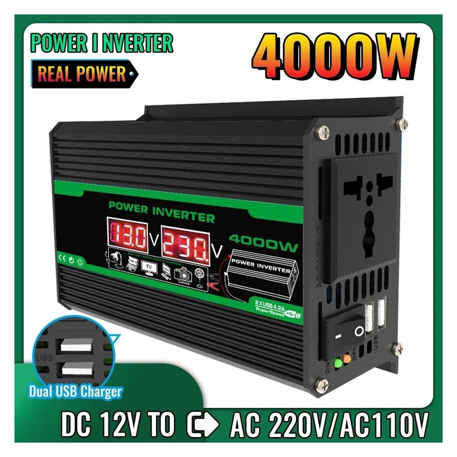 Convertidor Adaptador Inversor Portátil Coche 300W/4000W CC 12V CA 110V/220V Puertos USB/CA Duales para Acampar Aire Libre Electrodomésticos Sin Batería Incluida inversor