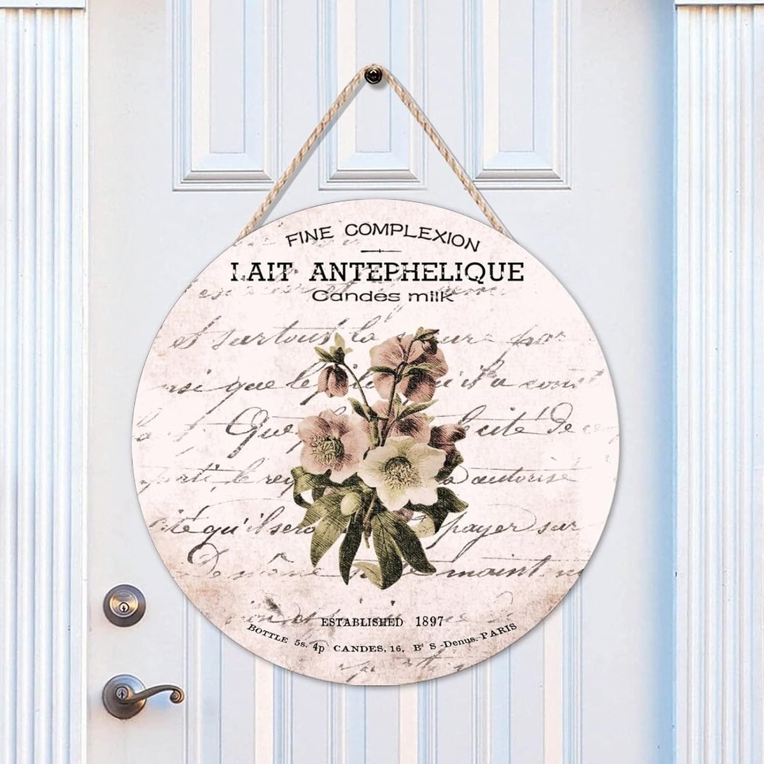 French Vintage Flower Wood Door Sign, Rustic Round Door Hanger Sign, 16x16in Retro Wall Door Hanging Sign for Front Door Farmhouse Porch Housewarming Gifts