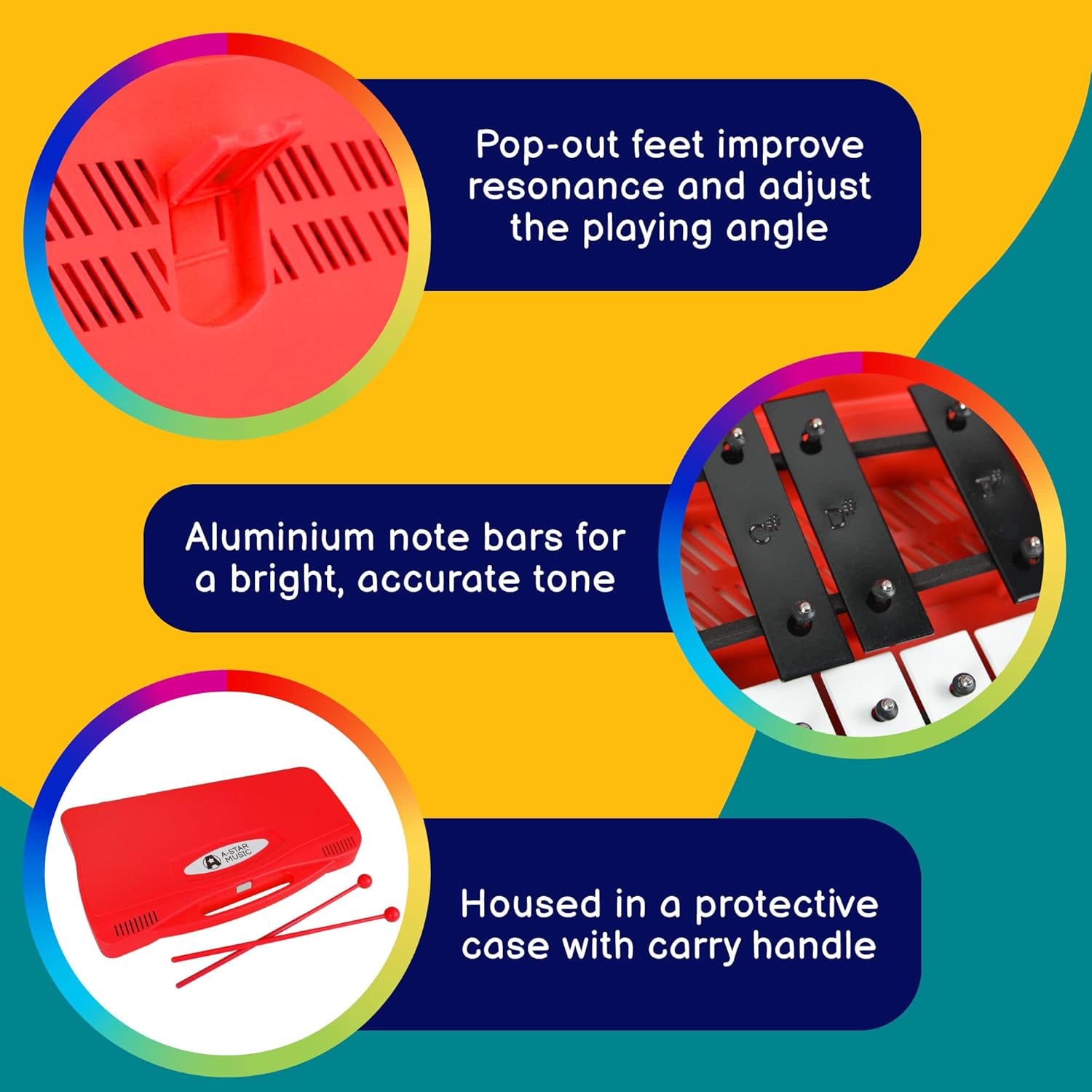 A-Star 25 Note Soprano Chromatic Glockenspiel Xylophone in Red Case with Black/White Keys and Two Plastic Beaters - 2 Octaves G5 to G7 4 71JZ +LgIUL. AC SL1500