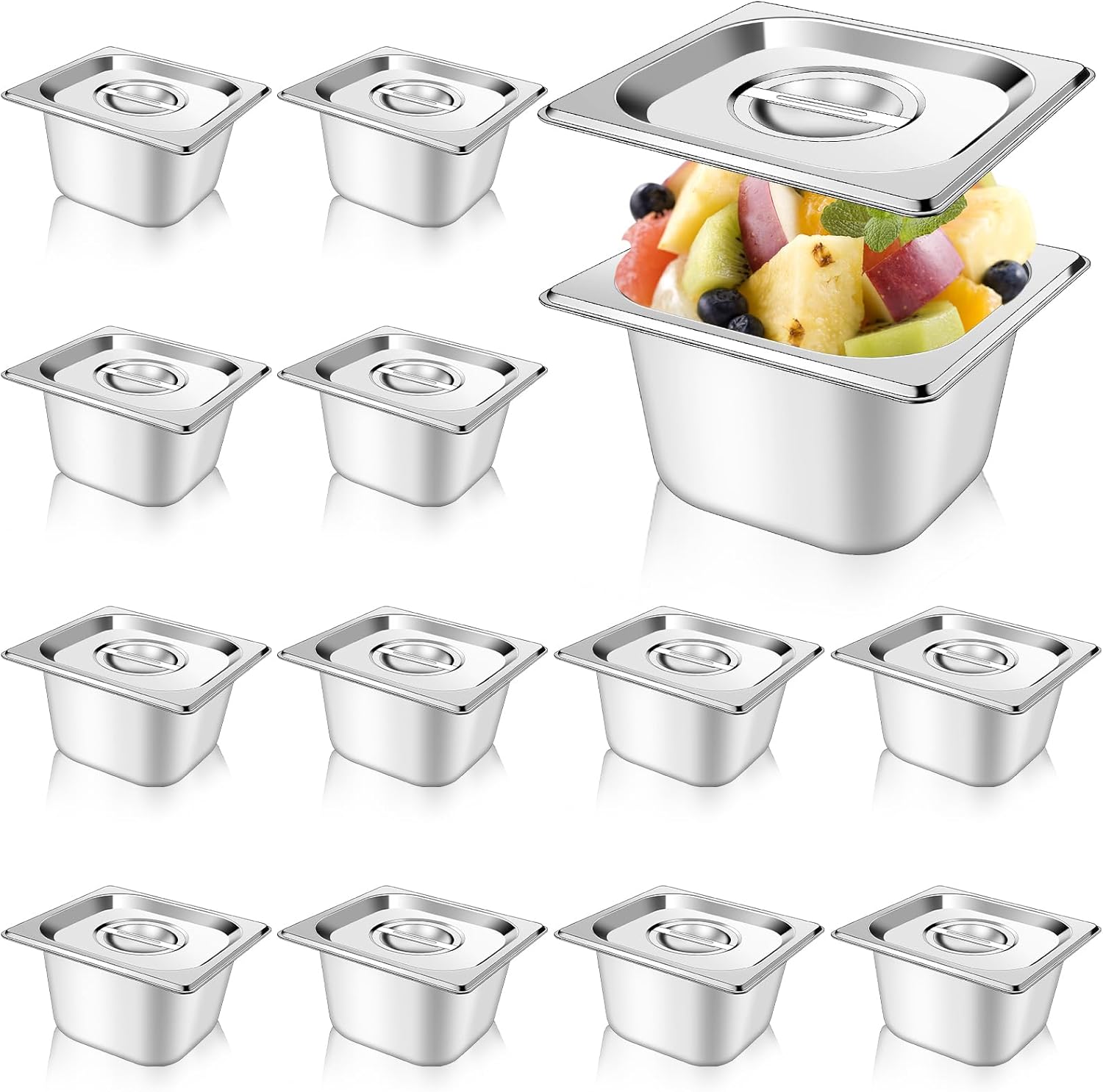 12 Set 1/6 Size Stainless Steel Hotel Pans with Lids 4" Deep Steam Table Pan Food Pan Lid with Handled Catering Food Storage Metal Anti Jam Steam Pans Cover for Fruits Vegetables Restaurant Hotel