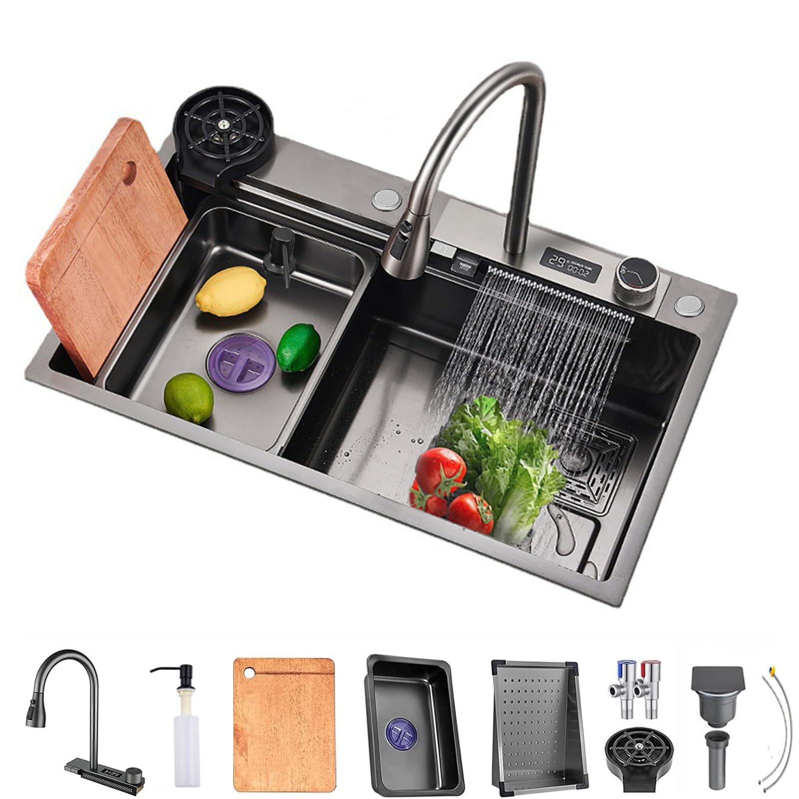 Fregadero Cocina Negro Multifuncional, Fregadero Cocina en Acero Inoxidable, Fregadero Bajo o Sobre Encimera Con grifo extraíble/dispensador de jabón/flujo de agua en cascada (A, 68x45cm)