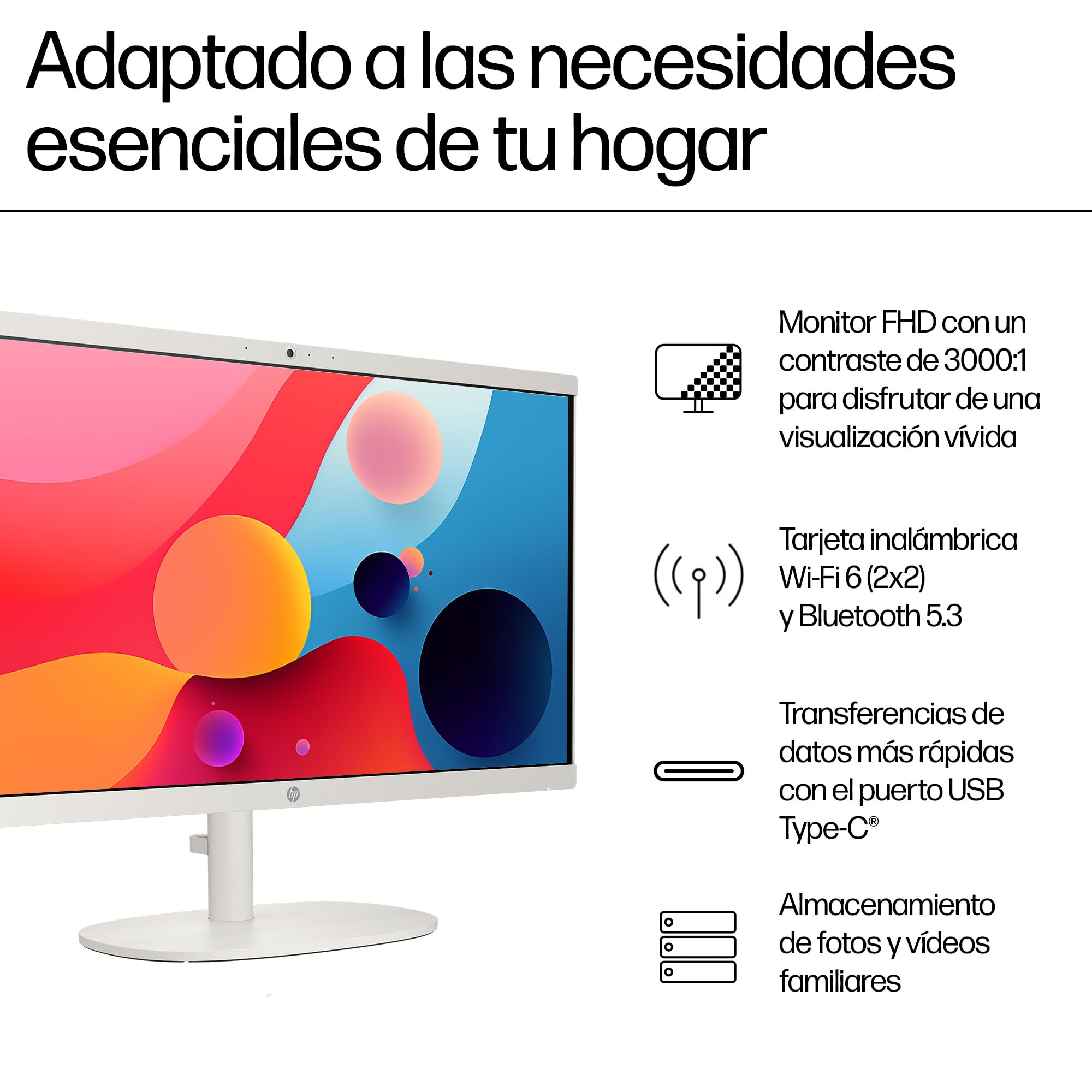 HP All-in-One 22-dg0014ns - Ordenador de 21.5" (Intel N100, 8GB RAM, 256GB SSD, Intel UHD Graphics, Windows) - White - Teclado QWERTY Español - 3