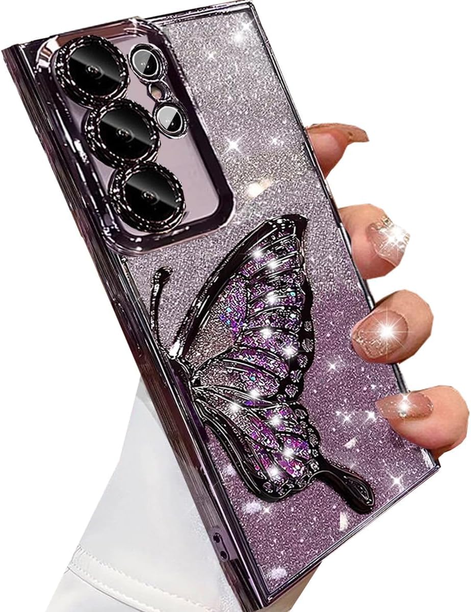 for Samsung Galaxy S25 Ultra Glitter 3D Butterfly Case,Cute Luxury Bling Sparkle Liquid Flowing Case with Camera Lens Protector Plating Bumper Women Girl Cover for Galaxy S25Ultra 6.9",Purple
