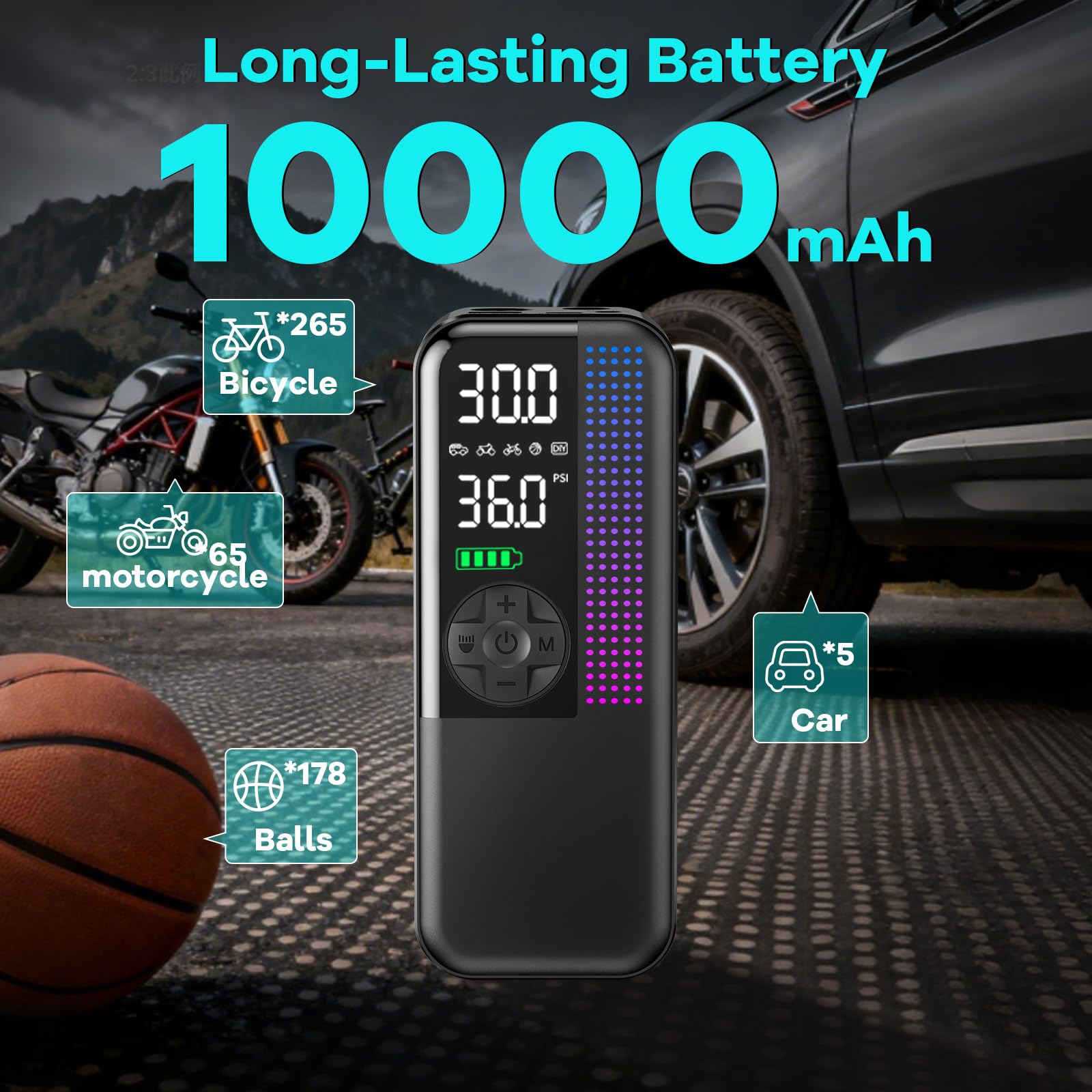 Tire Inflator Portable Air Compressor 150 PSI Cordless Air Pump 12V DC Car Plug Dual Power 10000mAh Fast — view 5