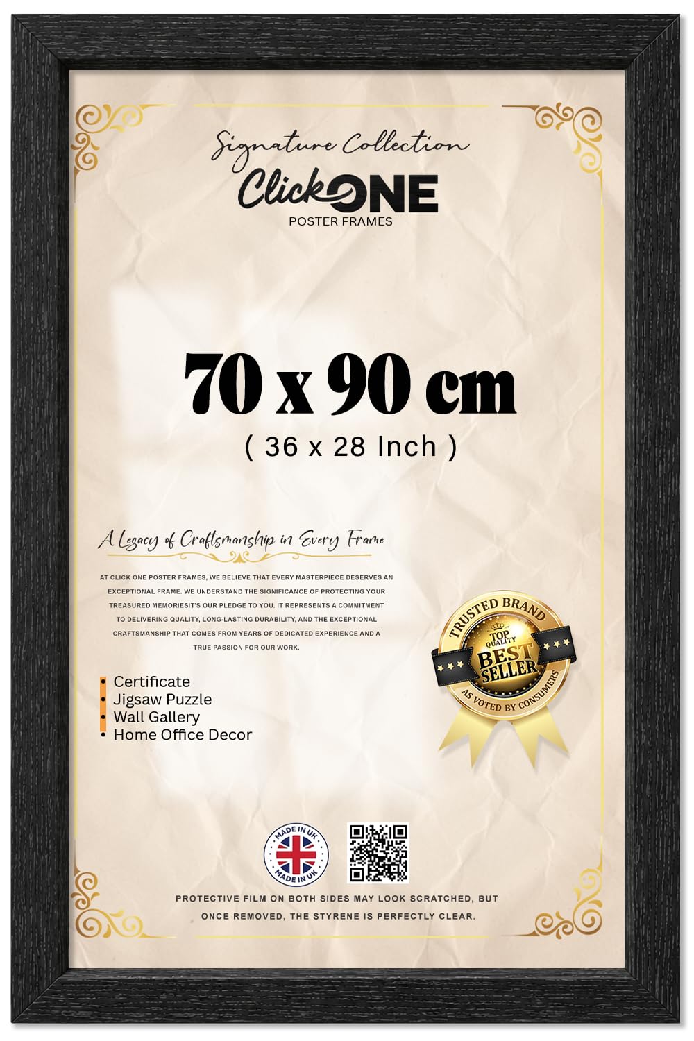 Click One Contemporary 70 X 90 CM Poster Frame Premium Perspex For Vertical And Horizontal Display Of Artworks Ideal For Living Rooms 36 X 28 Inch Black Modern Slim Bevel Mount Narrow Edge