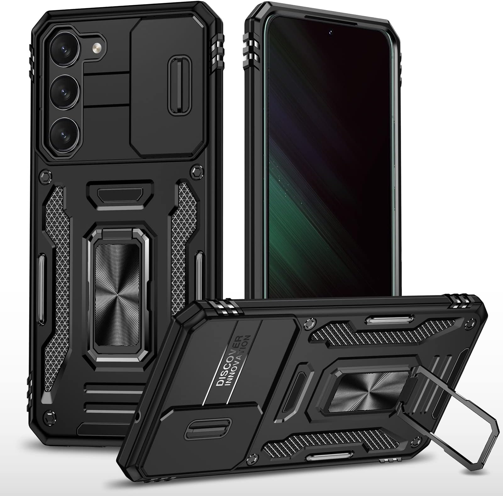 AKABEILACase Screen Protector for Samsung Galaxy A24 4G Phone Case Tempered Glass Protective Film TPU PC Case Cover Rotate Stand Slide Camera Protection 6.67"